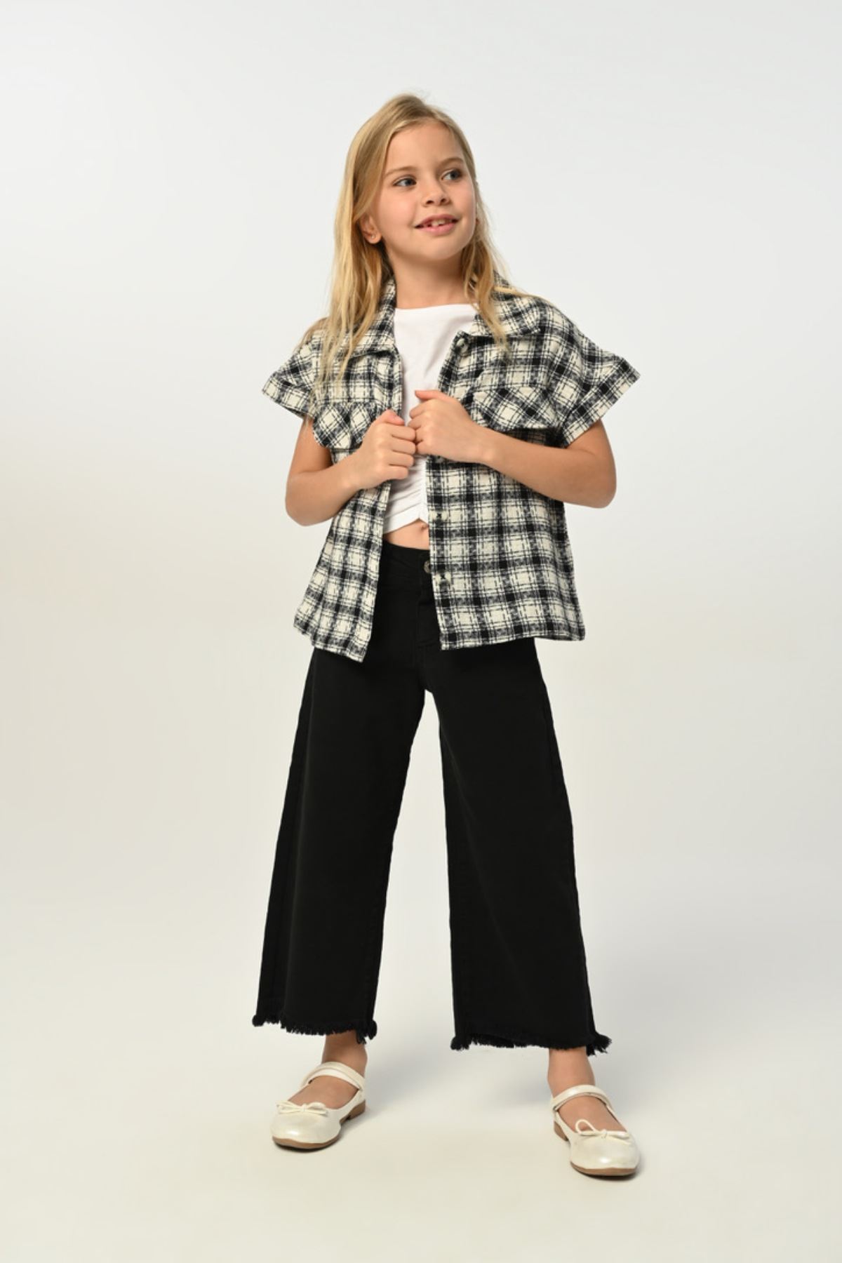 3-8 Yaş Plaid Borçka Kız Çocuk 3'Lü Takım -Siyah