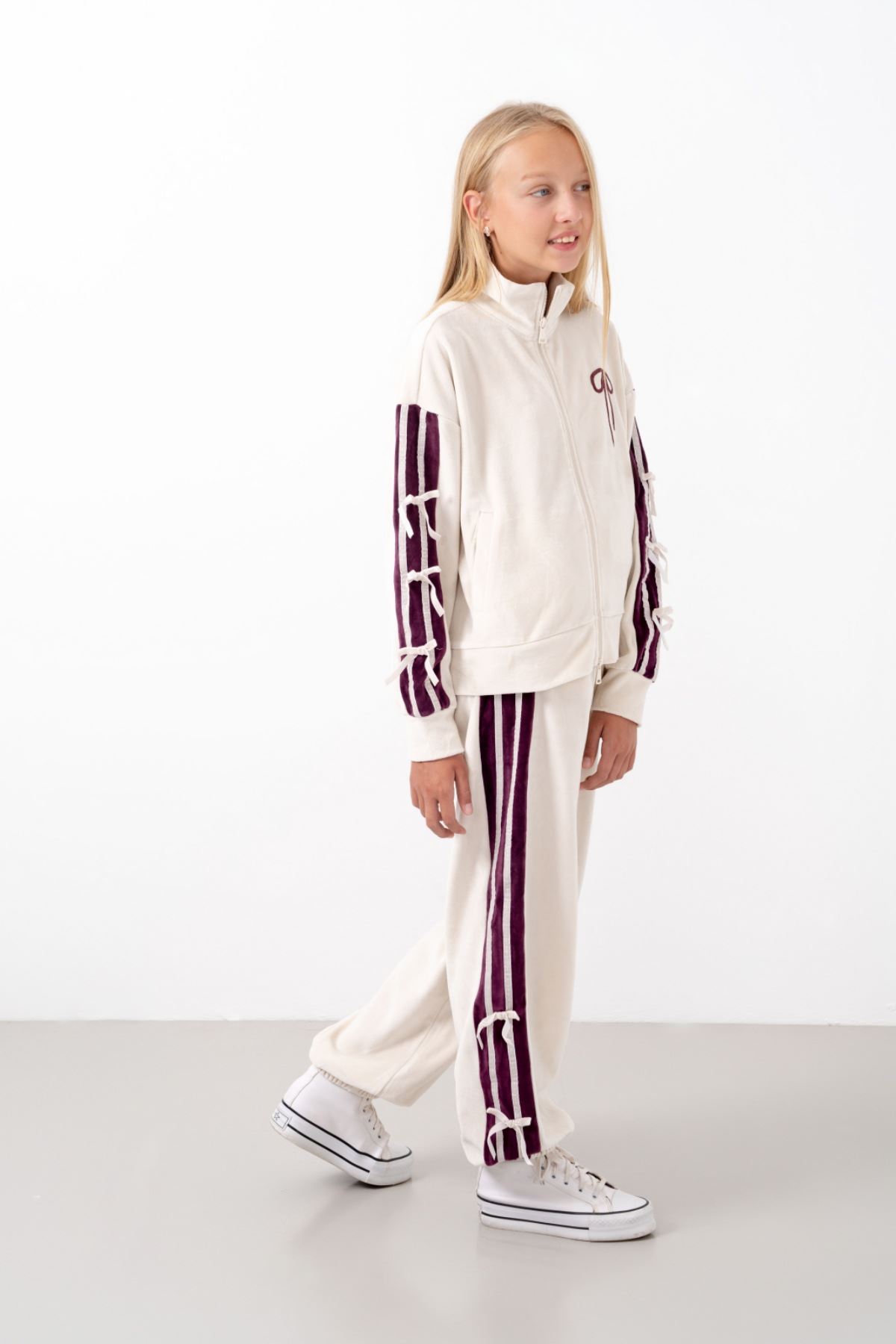 9-15 Yaş Moderno Ribbon Velvet Kız Çocuk Takım-Ekru