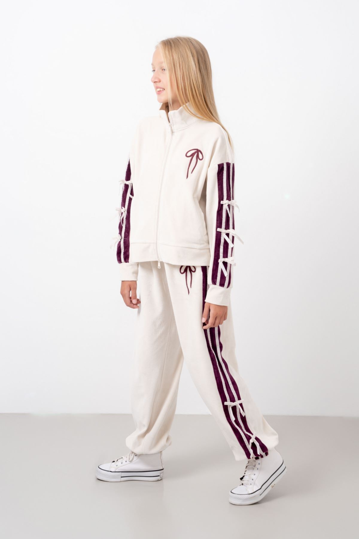 9-15 Yaş Moderno Ribbon Velvet Kız Çocuk Takım-Ekru