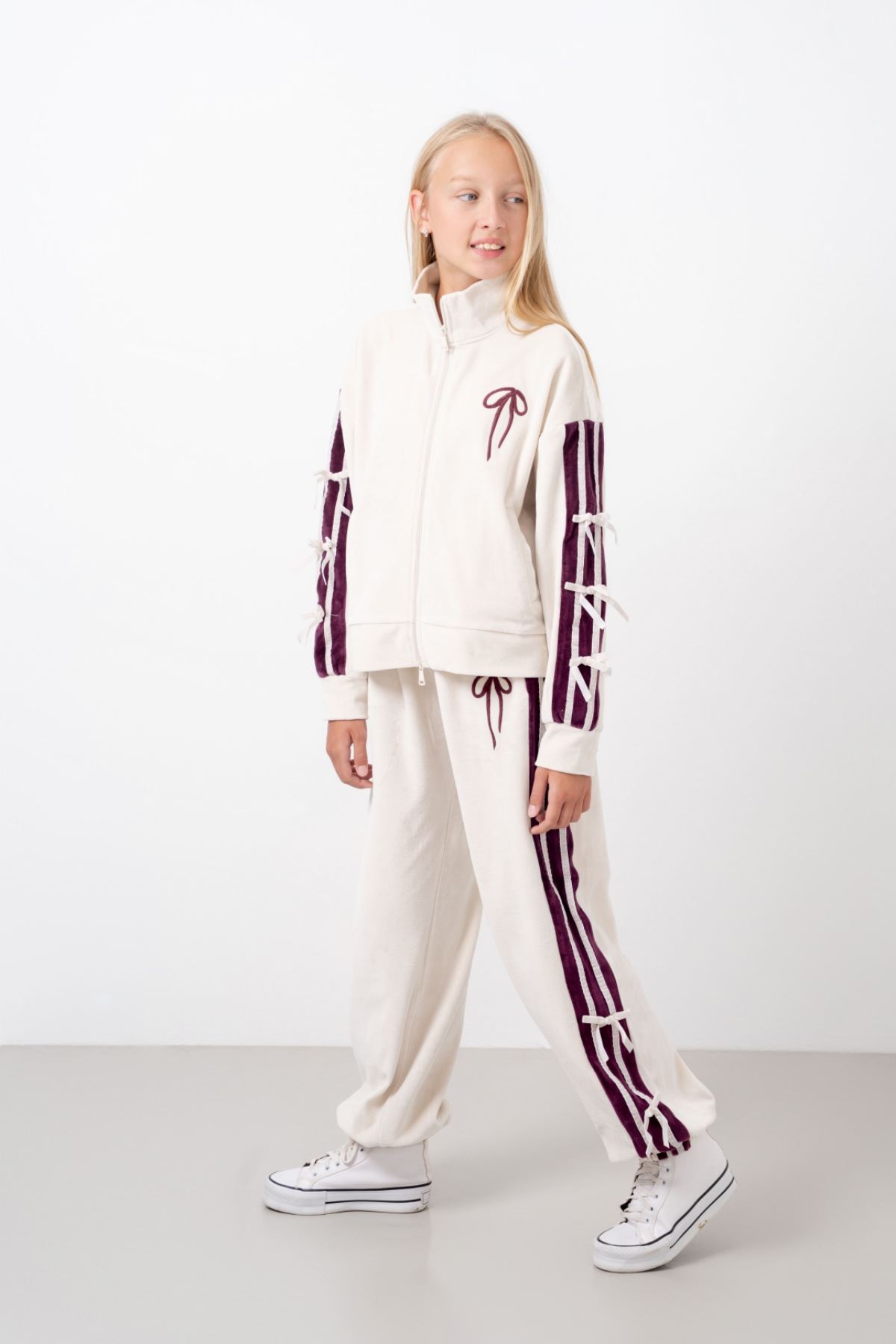 9-15 Yaş Moderno Ribbon Velvet Kız Çocuk Takım-Ekru