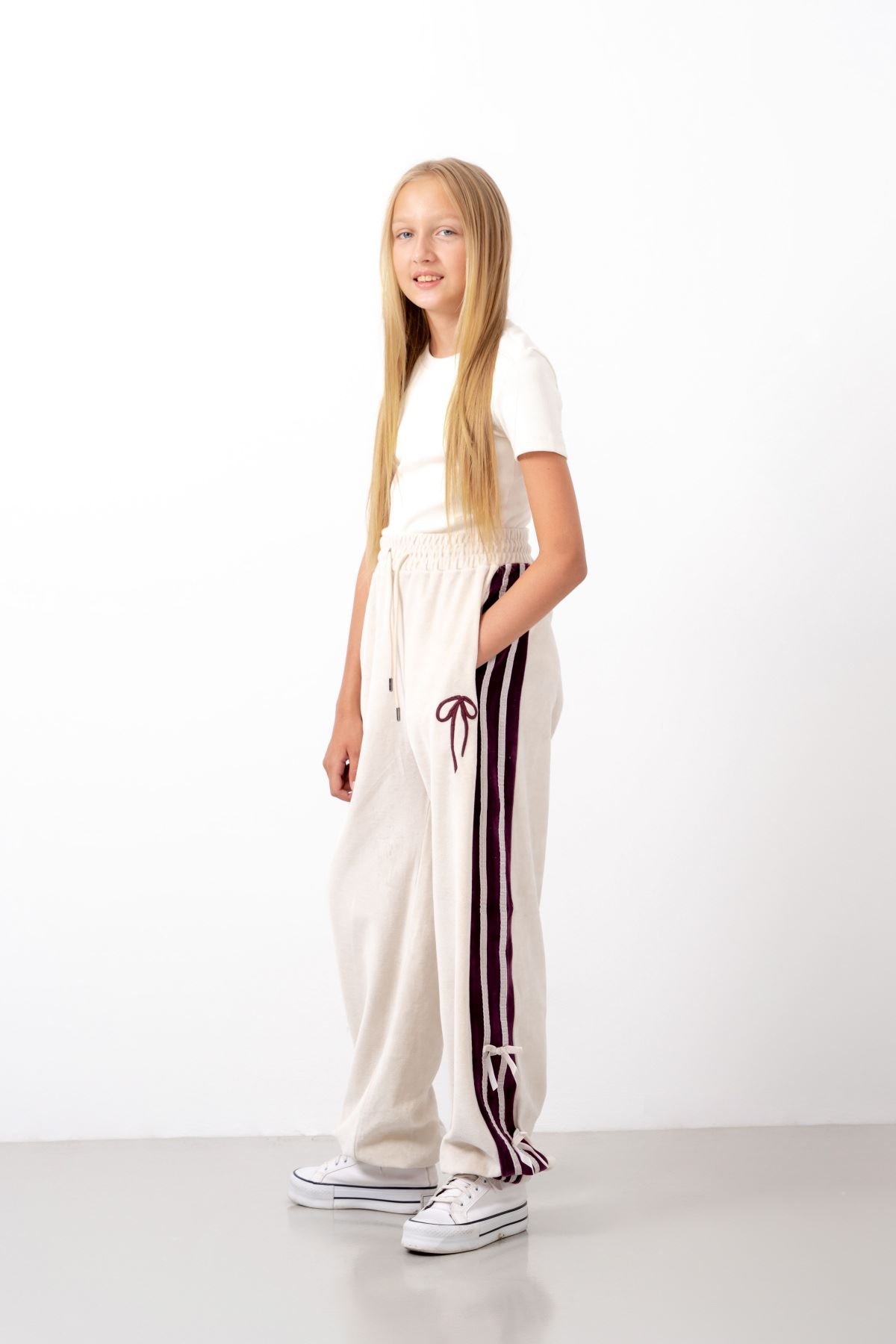 9-15 Yaş Moderno Ribbon Velvet Kız Çocuk Takım-Ekru