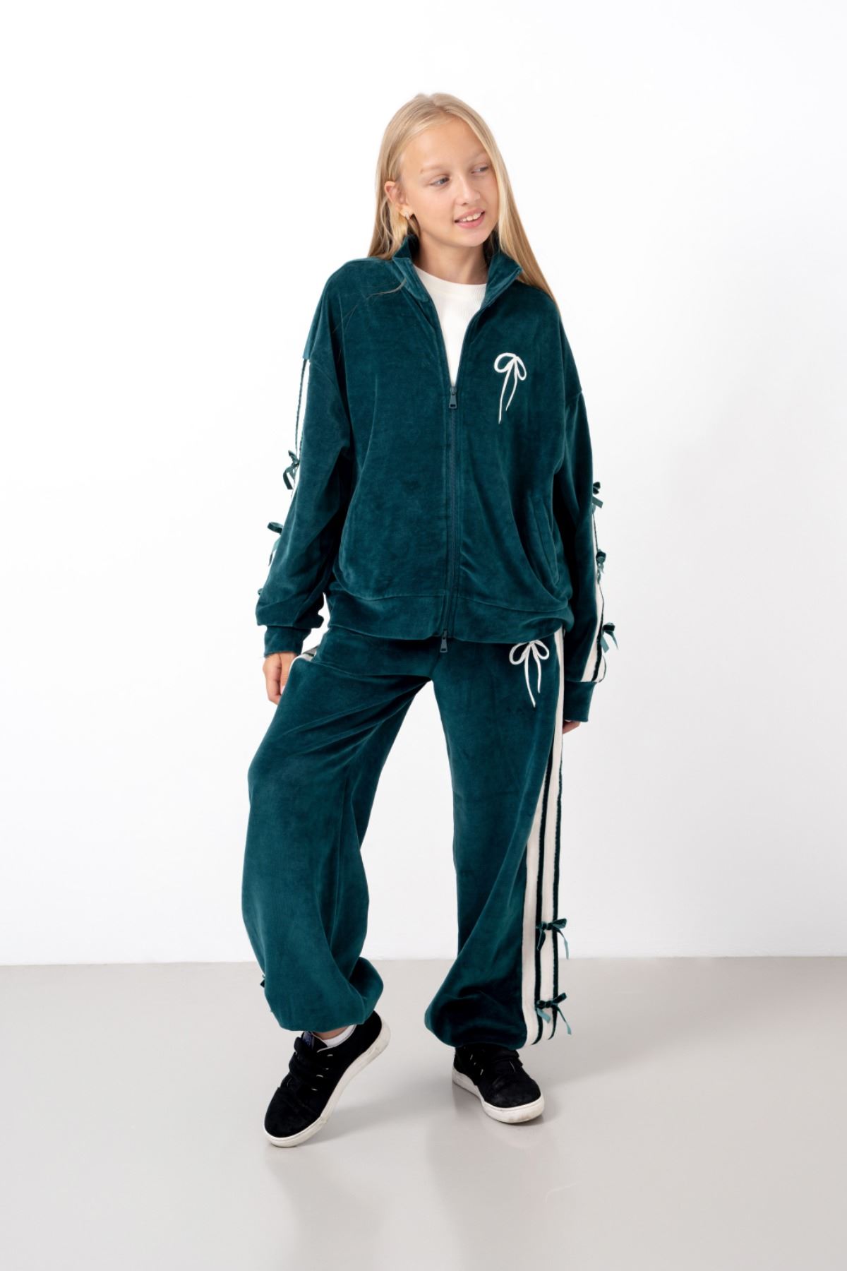 9-15 Yaş Moderno Ribbon Velvet Kız Çocuk Takım-Petrol