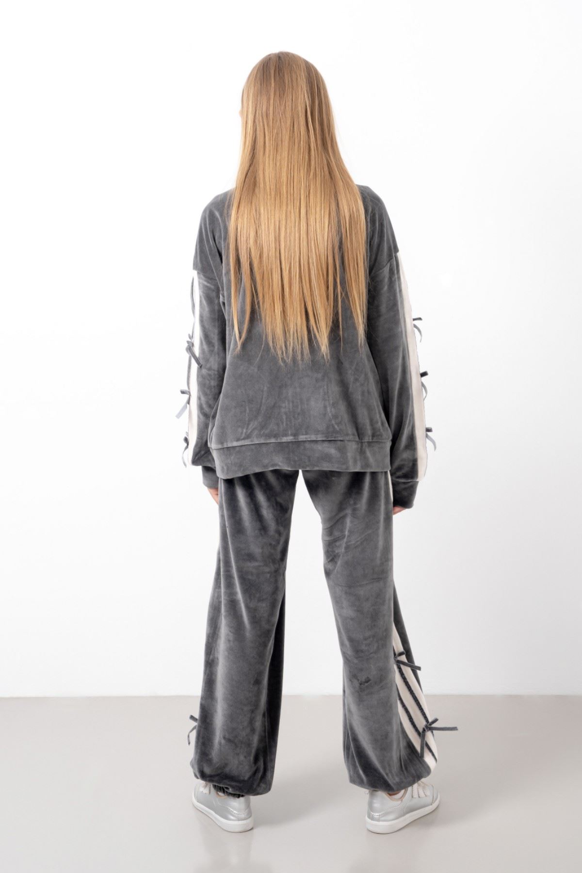 9-15 Yaş Moderno Ribbon Velvet Kız Çocuk Takım-Antrasit