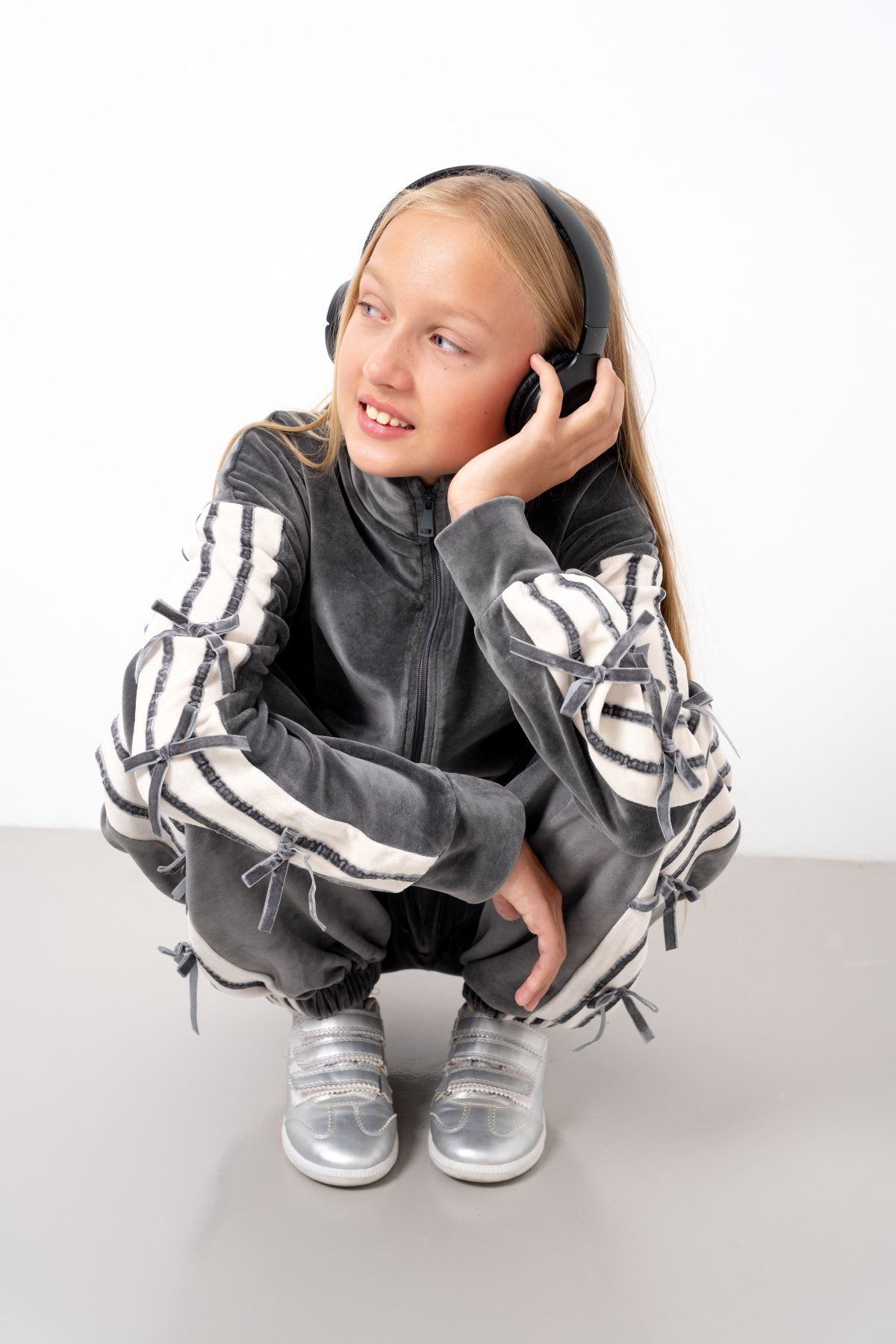 9-15 Yaş Moderno Ribbon Velvet Kız Çocuk Takım-Antrasit