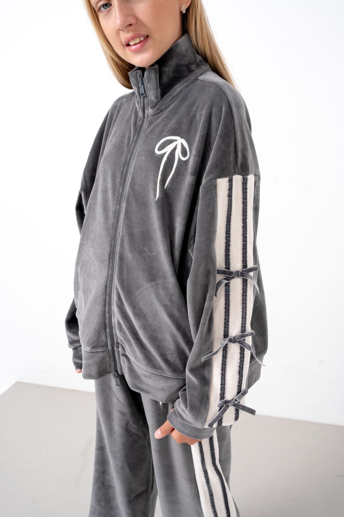 9-15 Yaş Moderno Ribbon Velvet Kız Çocuk Takım-Antrasit