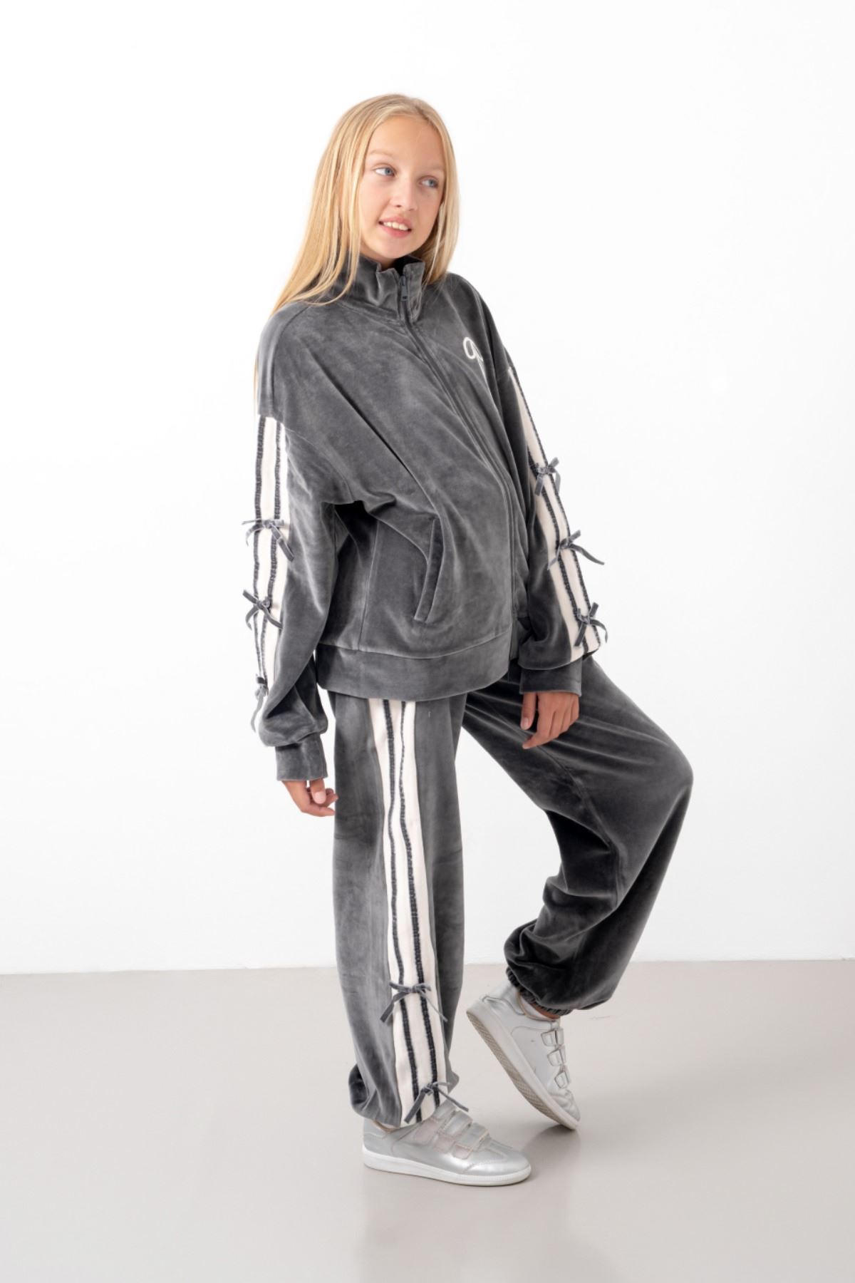 9-15 Yaş Moderno Ribbon Velvet Kız Çocuk Takım-Antrasit