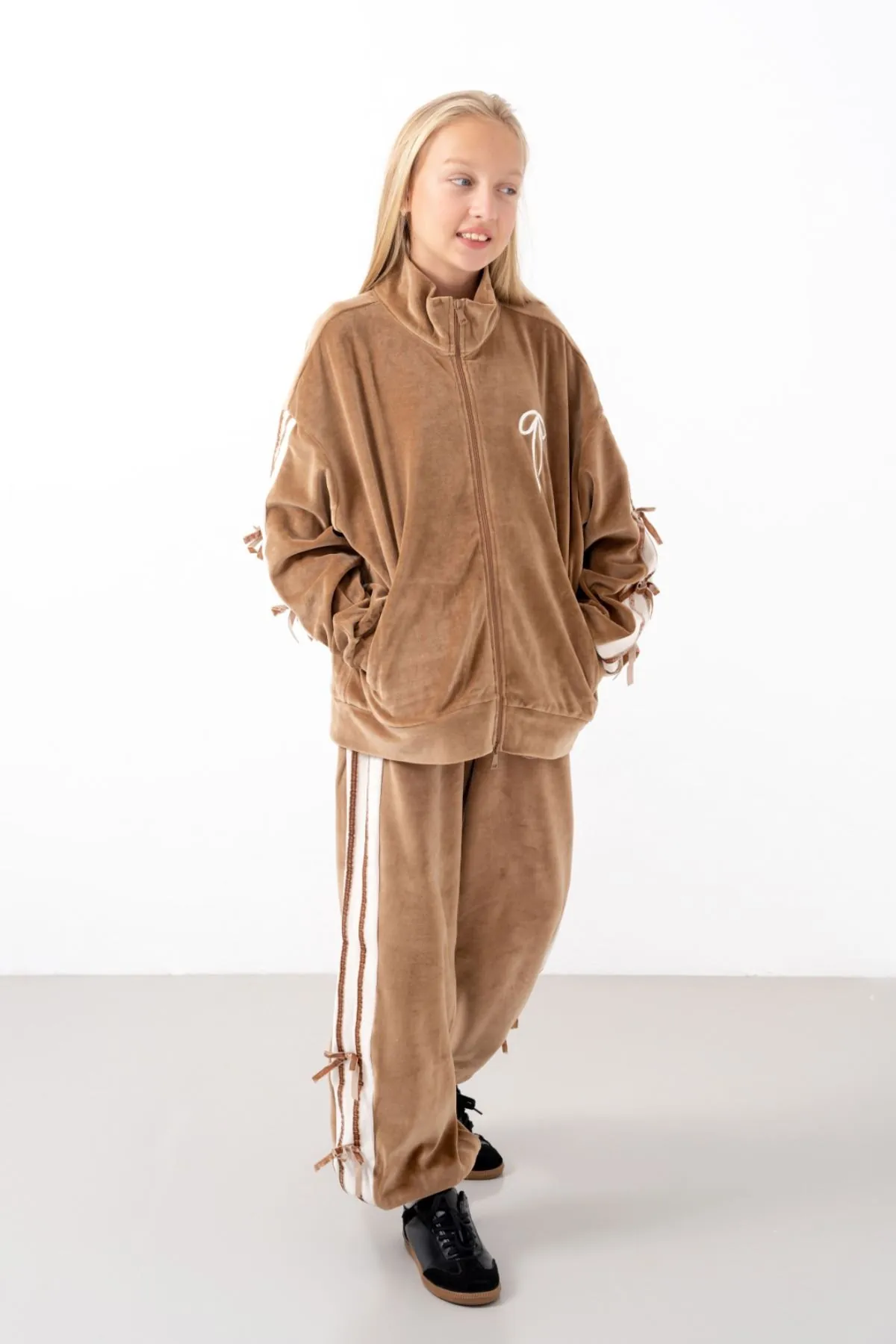 9-15 Yaş Moderno Ribbon Velvet Kız Çocuk Takım-Latte
