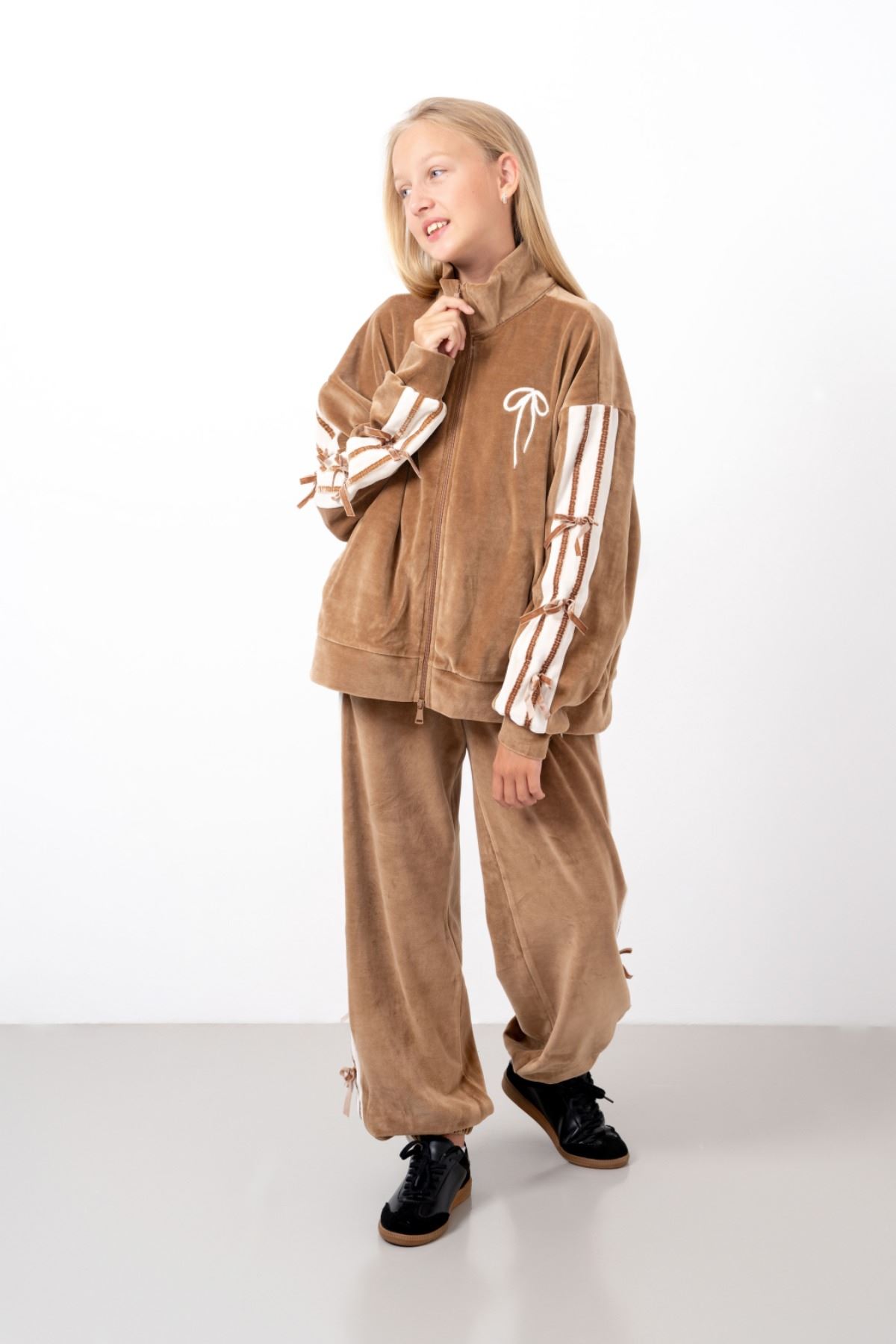 9-15 Yaş Moderno Ribbon Velvet Kız Çocuk Takım-Latte