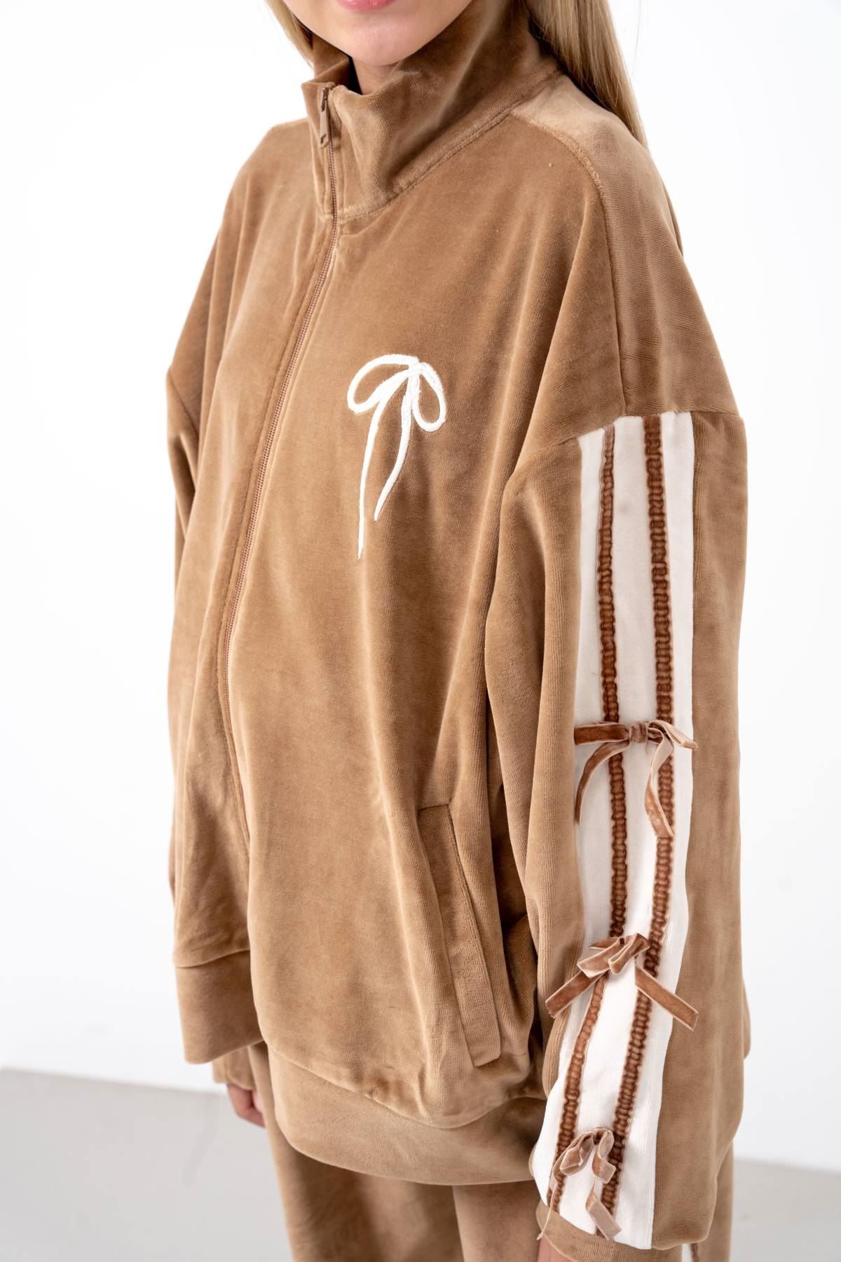 9-15 Yaş Moderno Ribbon Velvet Kız Çocuk Takım-Latte