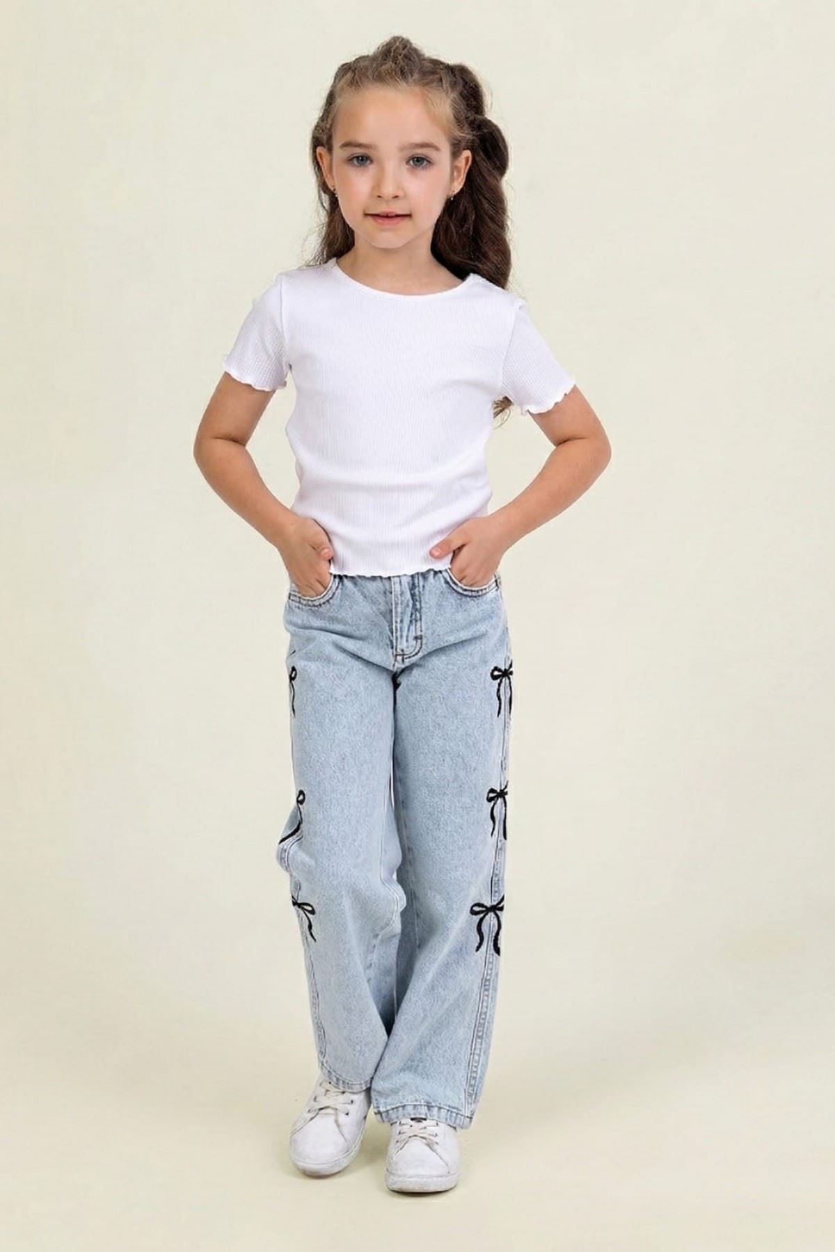 4-9 Yaş New Ribbon Kız Çocuk Pantolon-Mavi
