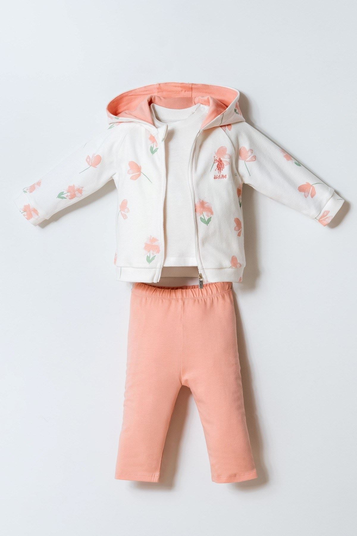 6-36 Ay Lisanslı Us Polo Assn Kız Bebek 3'Lü Takım-Ekru