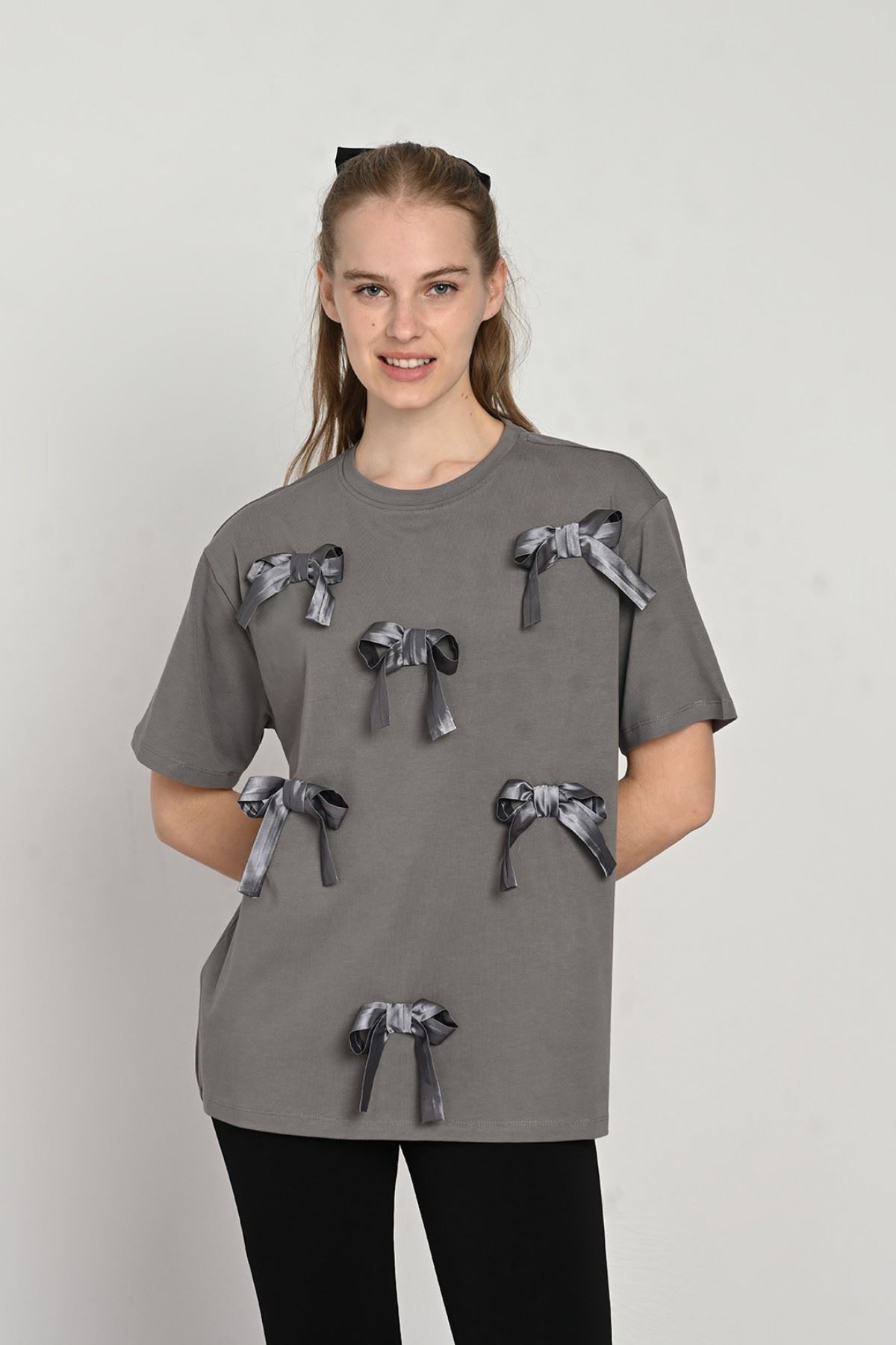 9-14 Yaş Ribbon Mussness Kız Çocuk T-Shırt-Antrasit