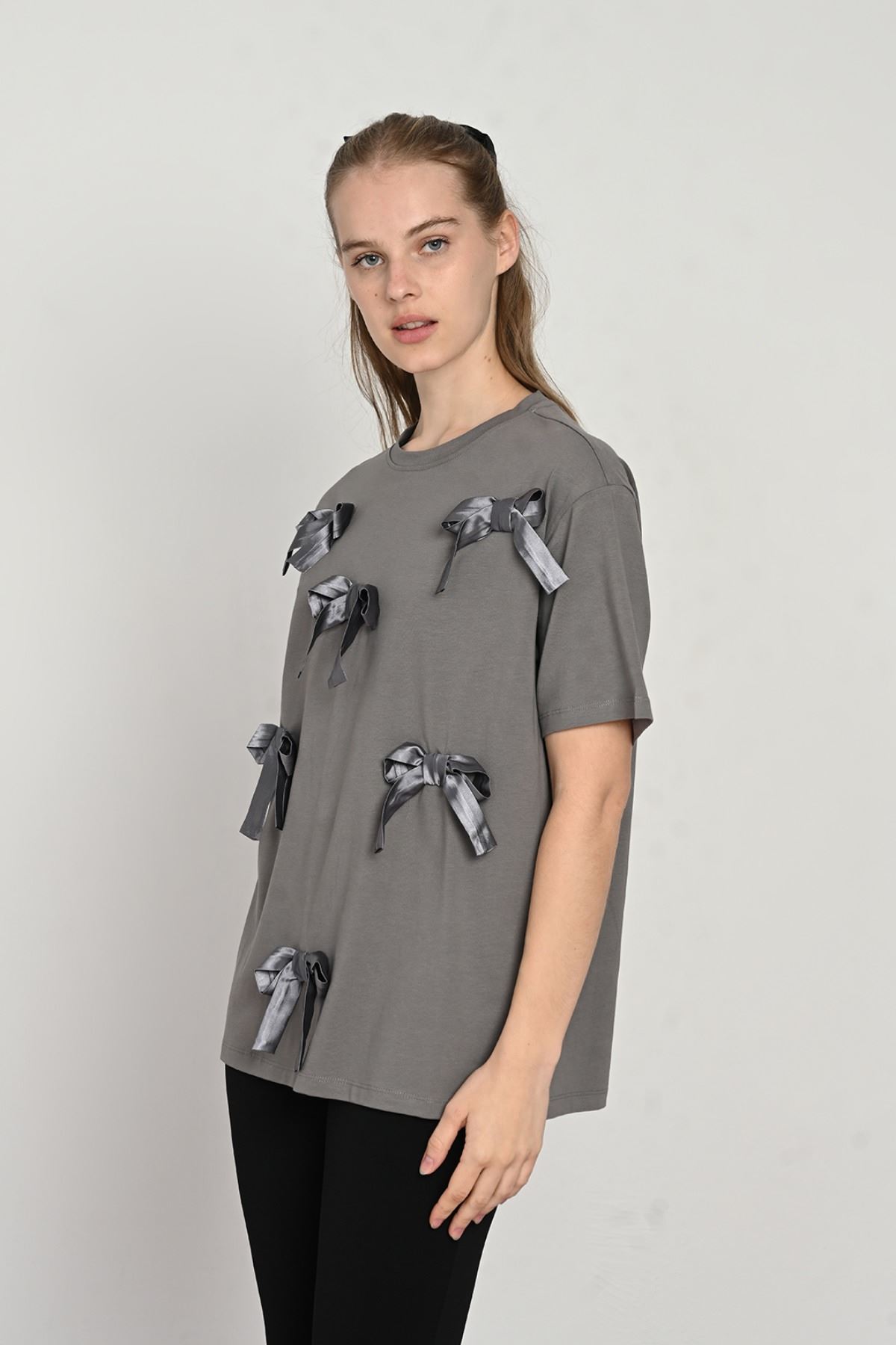 9-14 Yaş Ribbon Mussness Kız Çocuk T-Shırt-Antrasit