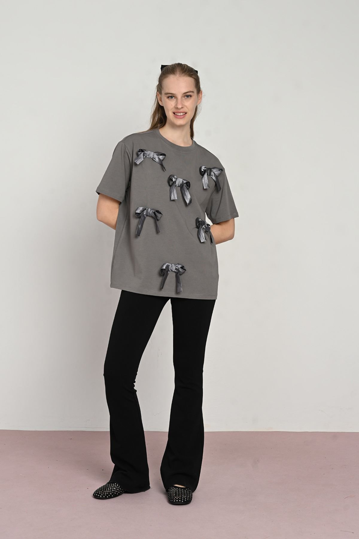 9-14 Yaş Ribbon Mussness Kız Çocuk T-Shırt-Antrasit