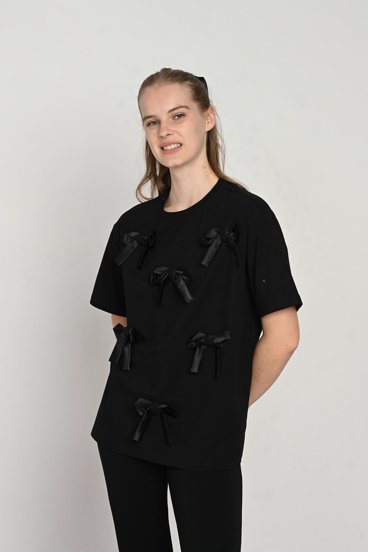 9-14 Yaş Ribbon Mussness Kız Çocuk T-Shırt-Siyah