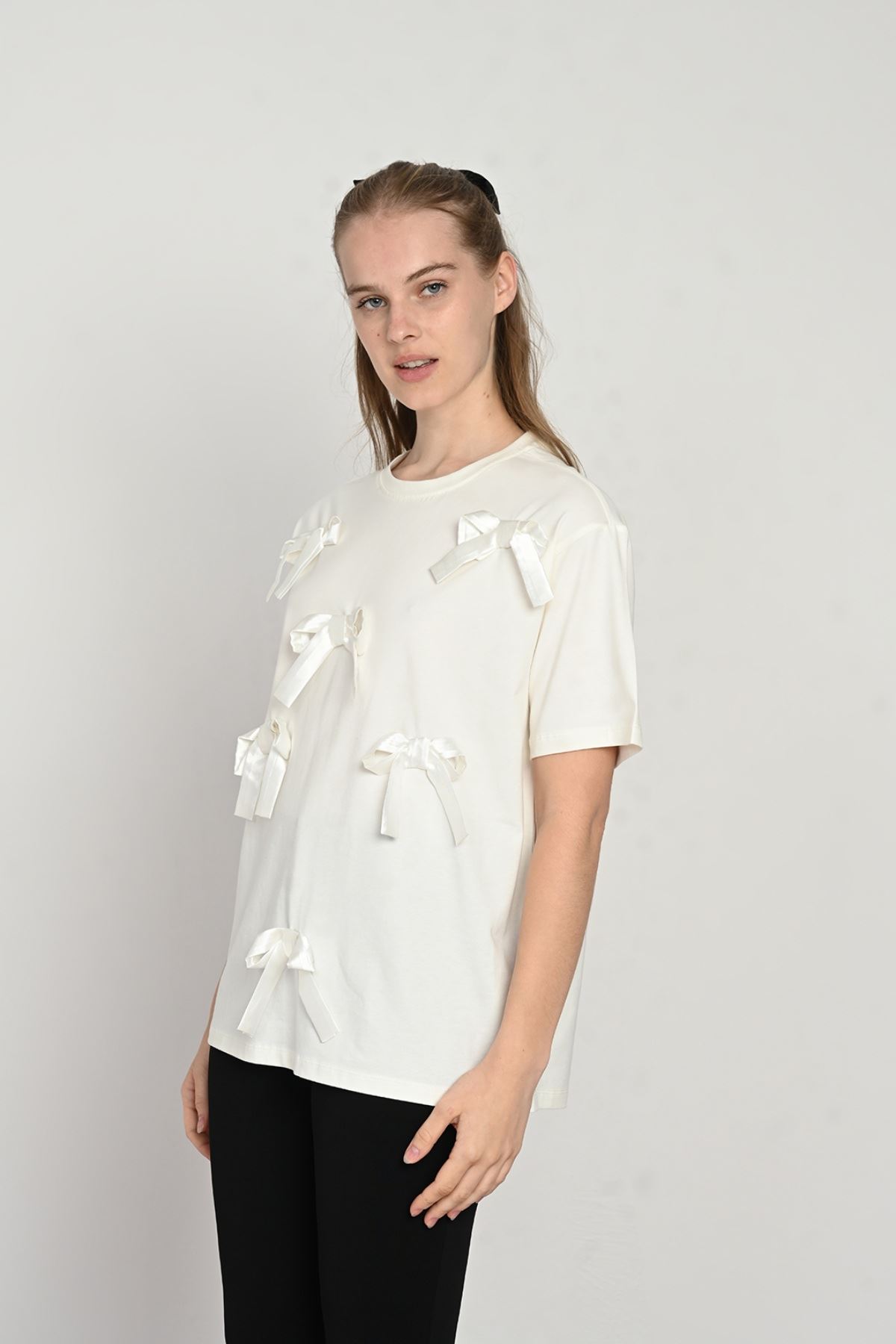 9-14 Yaş Ribbon Mussness Kız Çocuk T-Shırt-Ekru