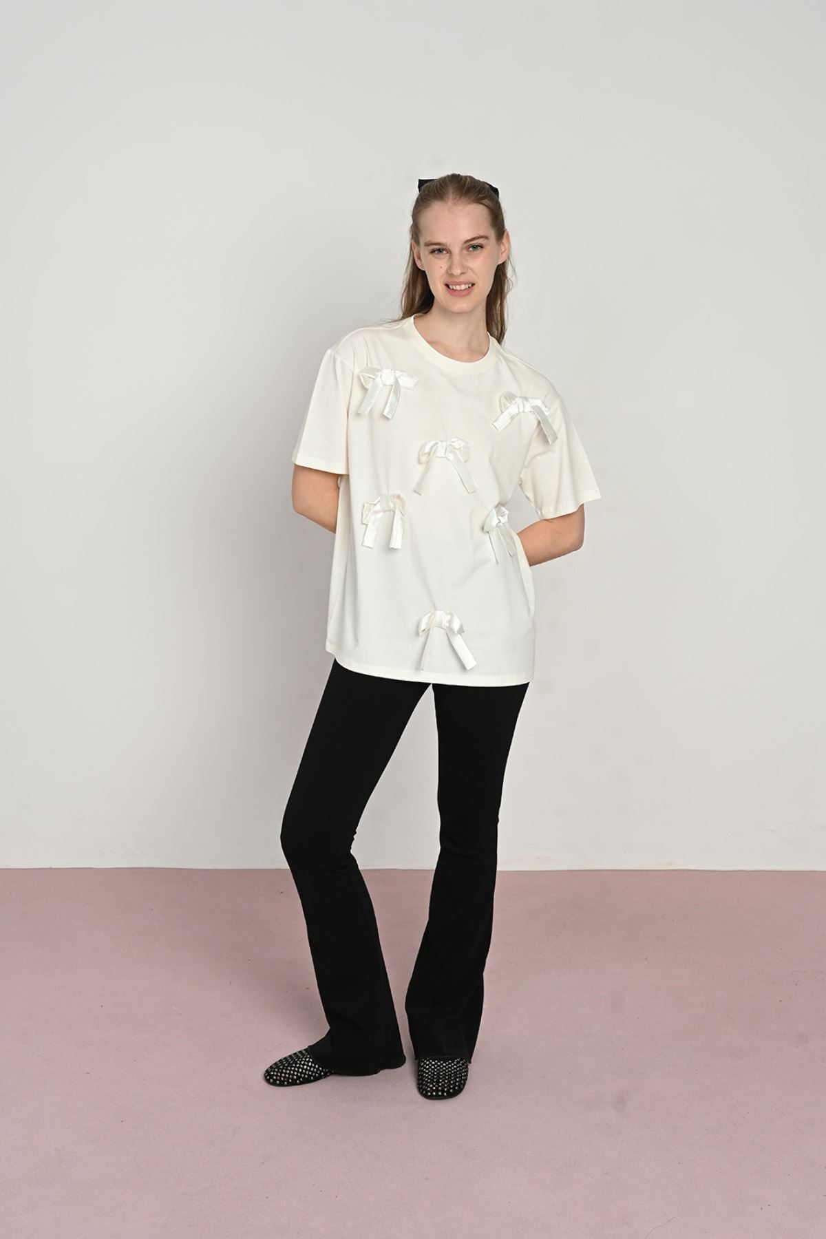 9-14 Yaş Ribbon Mussness Kız Çocuk T-Shırt-Ekru