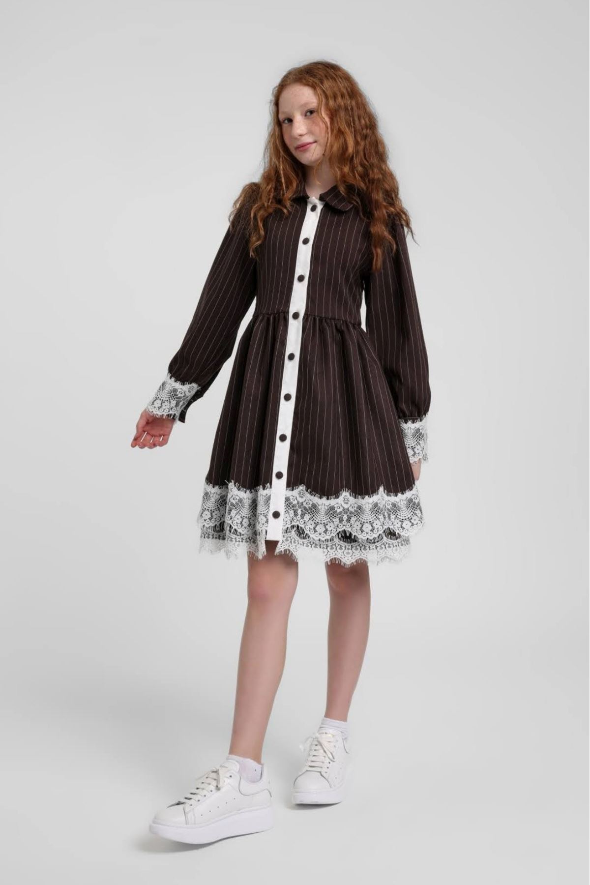 10-14 Yaş Nişantaşı Soft Kız Çocuk Elbise-Kahverengi