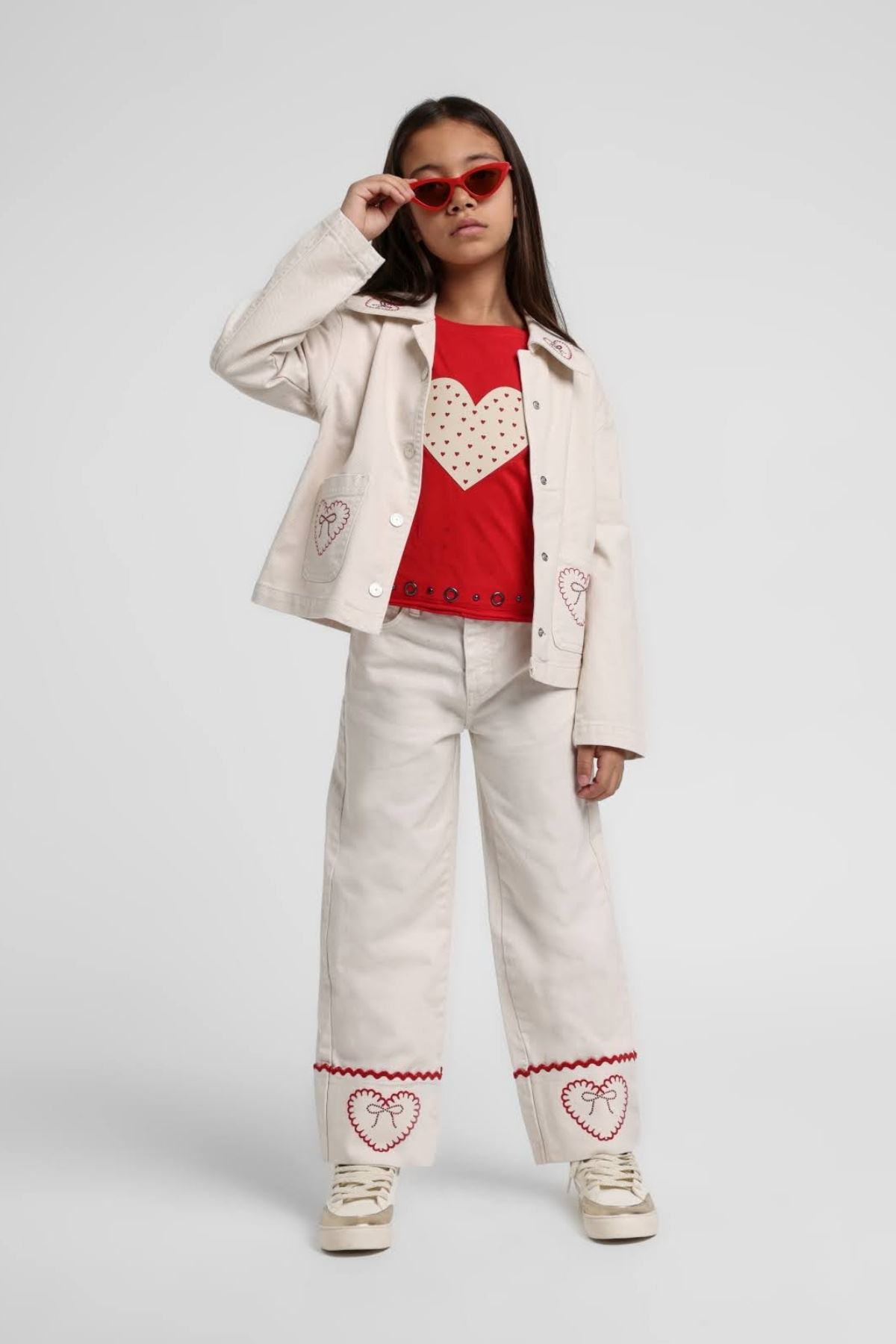 5-14 Yaş Love Ribbon Pantolonlu 3'Lü Takım-Latte