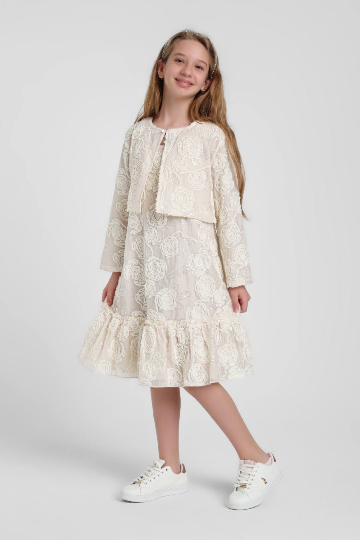 5-14 Yaş Pavlova Lena Kız Çocuk Elbise Takım-Latte