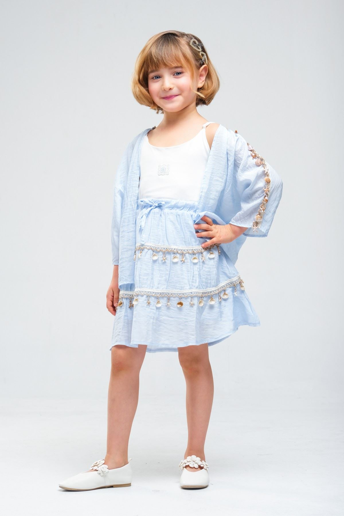 4-8 Yaş SeaShell Sugar Kız Çocuk 3'Lü Takım-Buz Mavi