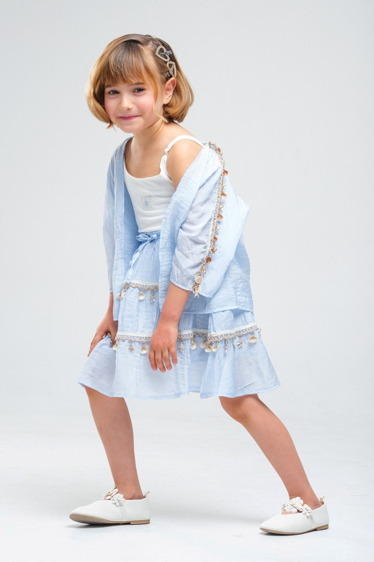 4-8 Yaş SeaShell Sugar Kız Çocuk 3'Lü Takım-Buz Mavi