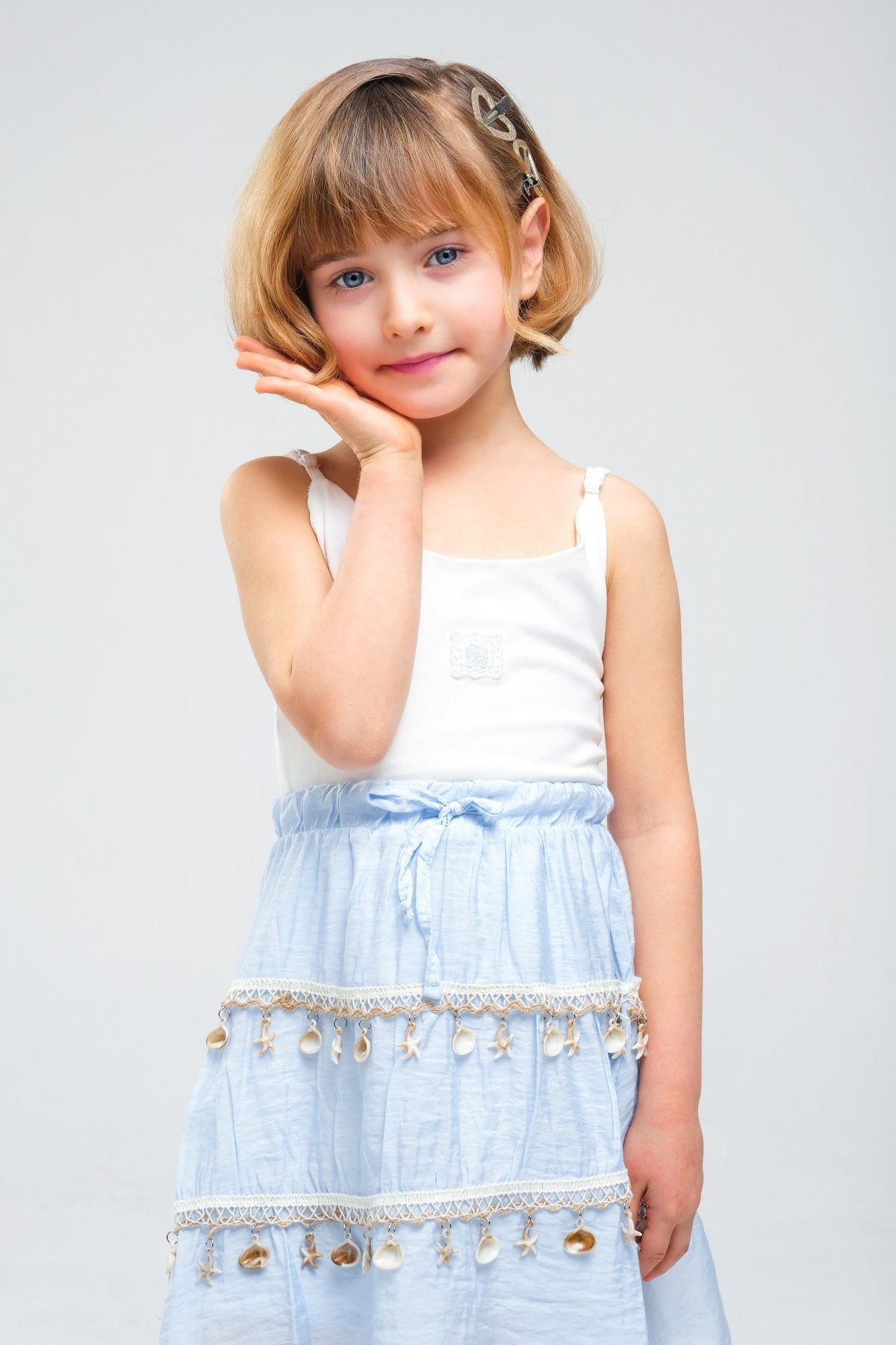 4-8 Yaş SeaShell Sugar Kız Çocuk 3'Lü Takım-Buz Mavi