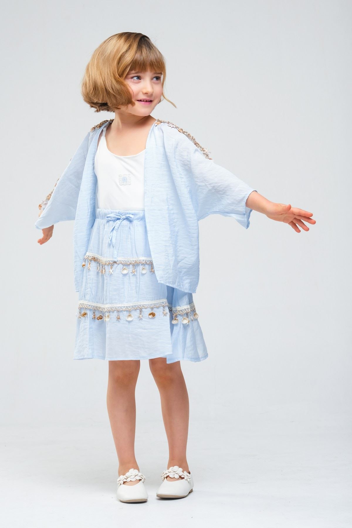 4-8 Yaş SeaShell Sugar Kız Çocuk 3'Lü Takım-Buz Mavi