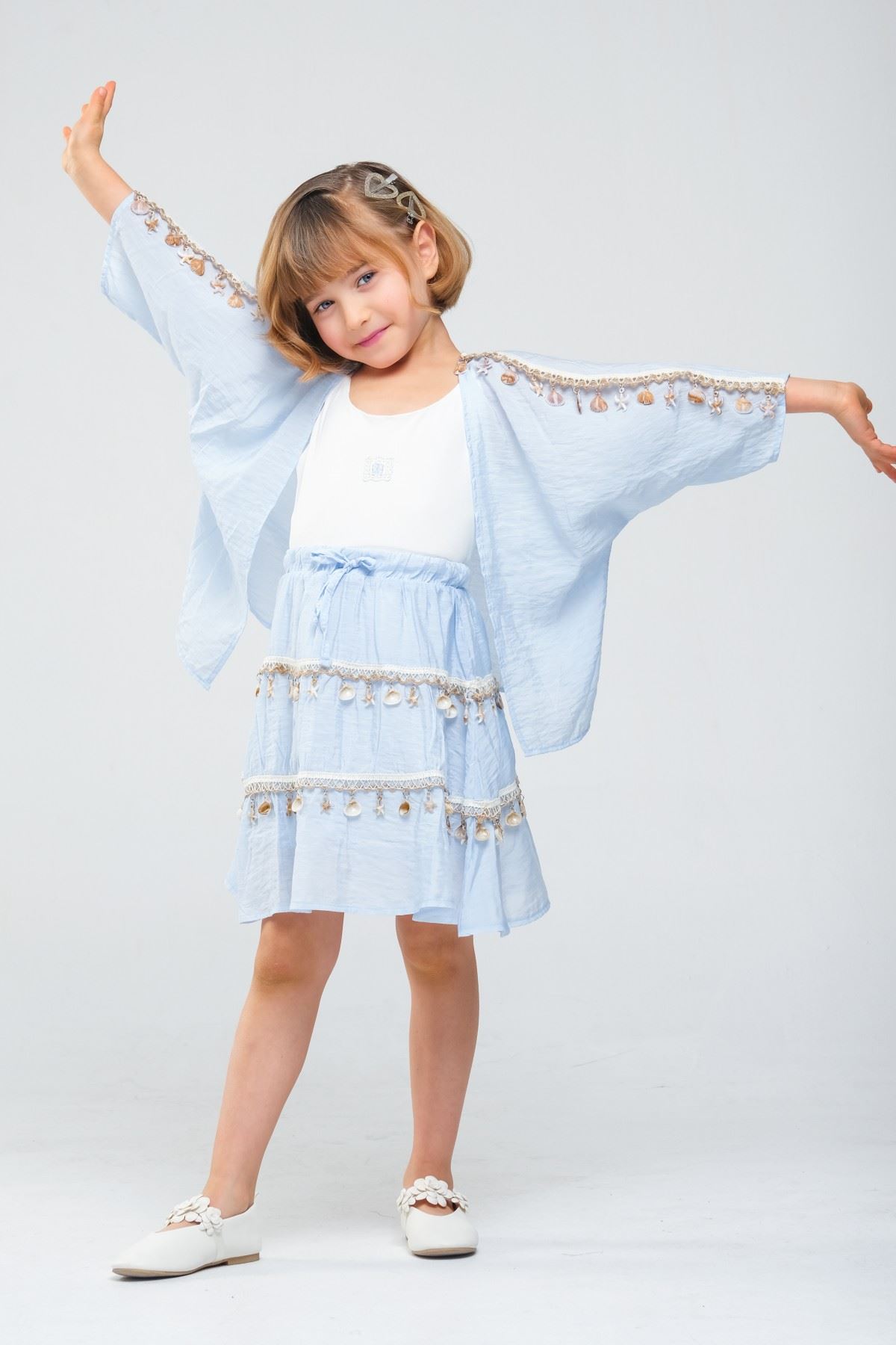 4-8 Yaş SeaShell Sugar Kız Çocuk 3'Lü Takım-Buz Mavi