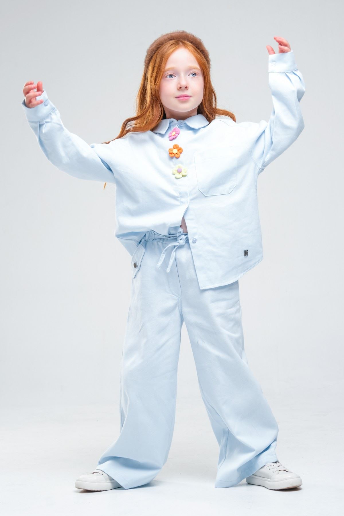 4-8 Yaş Pearl Flower Kız Çocuk Takım-Bebe Mavisi