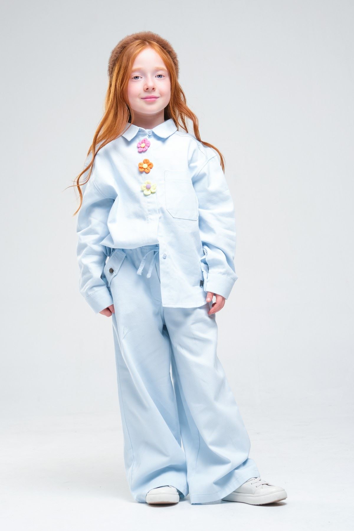 4-8 Yaş Pearl Flower Kız Çocuk Takım-Bebe Mavisi