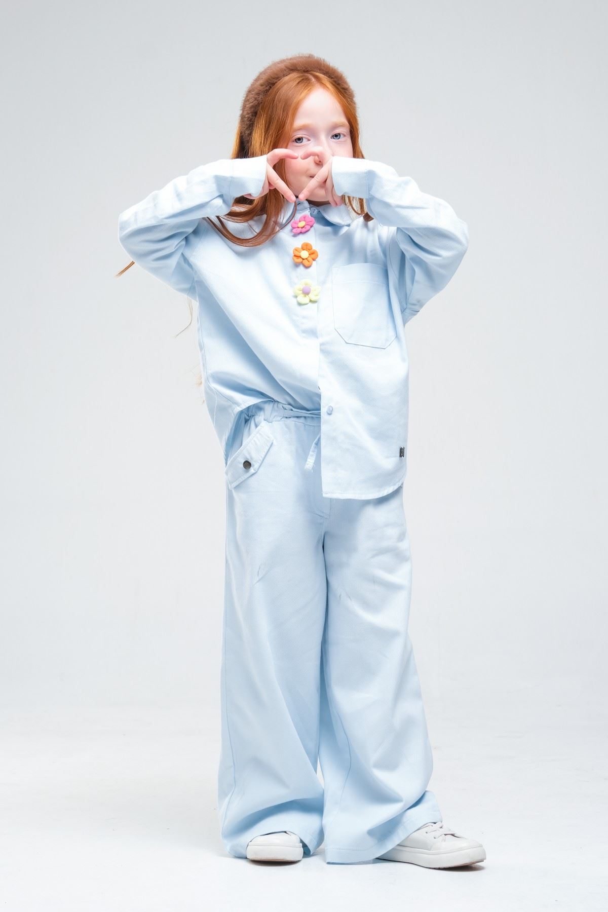 4-8 Yaş Pearl Flower Kız Çocuk Takım-Bebe Mavisi