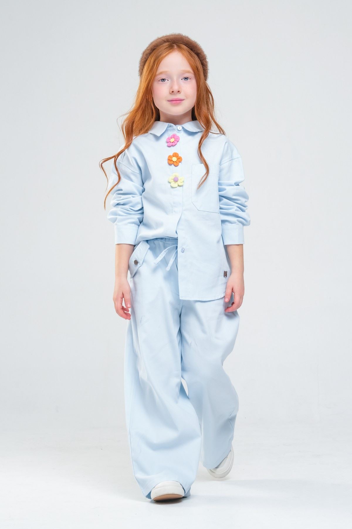 4-8 Yaş Pearl Flower Kız Çocuk Takım-Bebe Mavisi