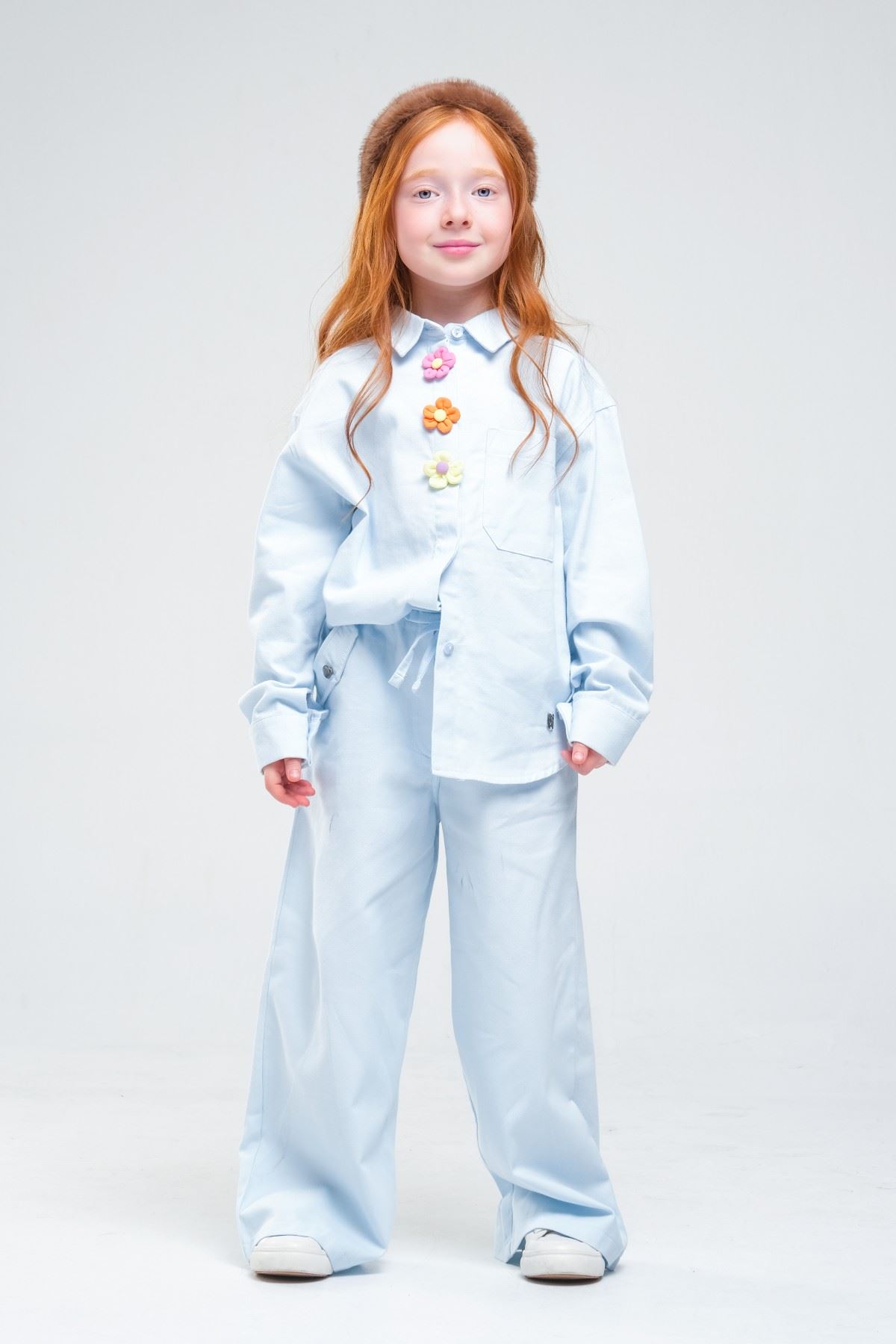 4-8 Yaş Pearl Flower Kız Çocuk Takım-Bebe Mavisi