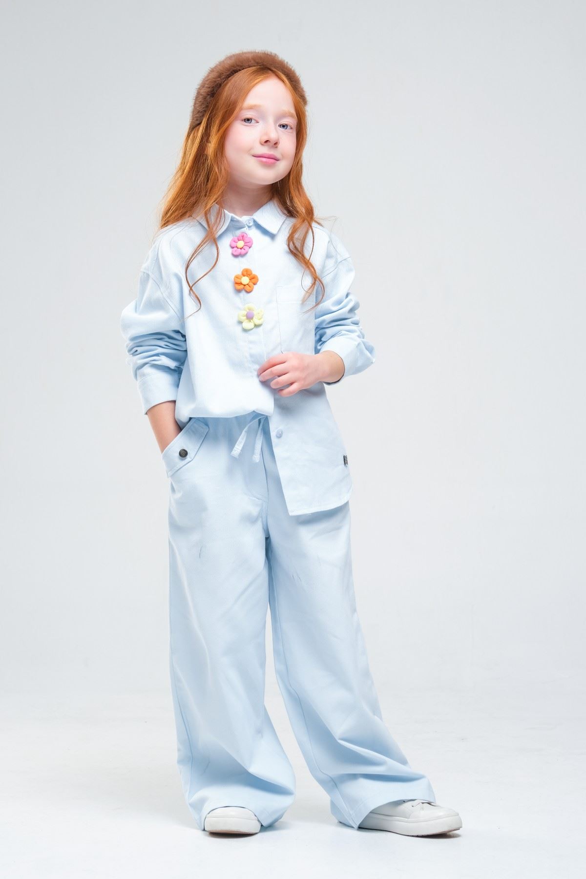 4-8 Yaş Pearl Flower Kız Çocuk Takım-Bebe Mavisi