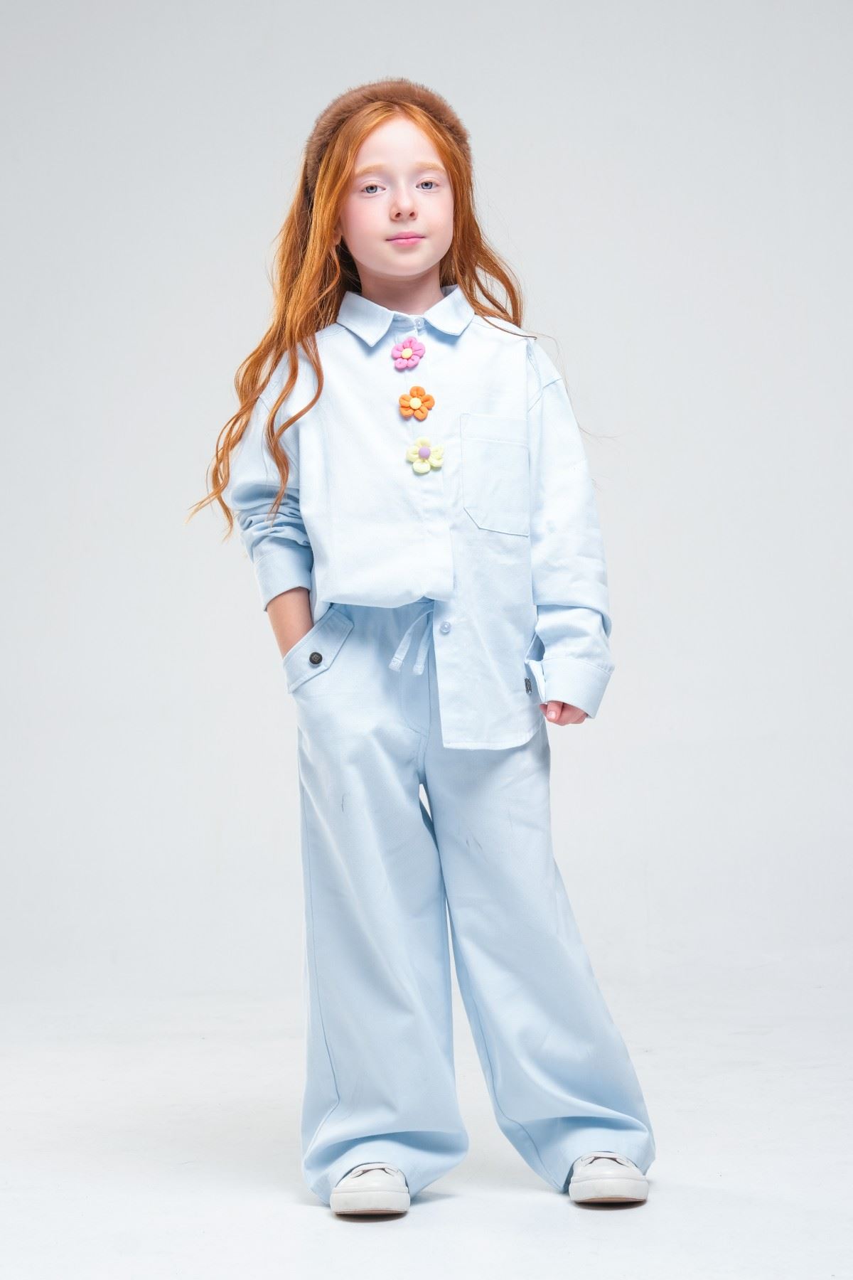 4-8 Yaş Pearl Flower Kız Çocuk Takım-Bebe Mavisi