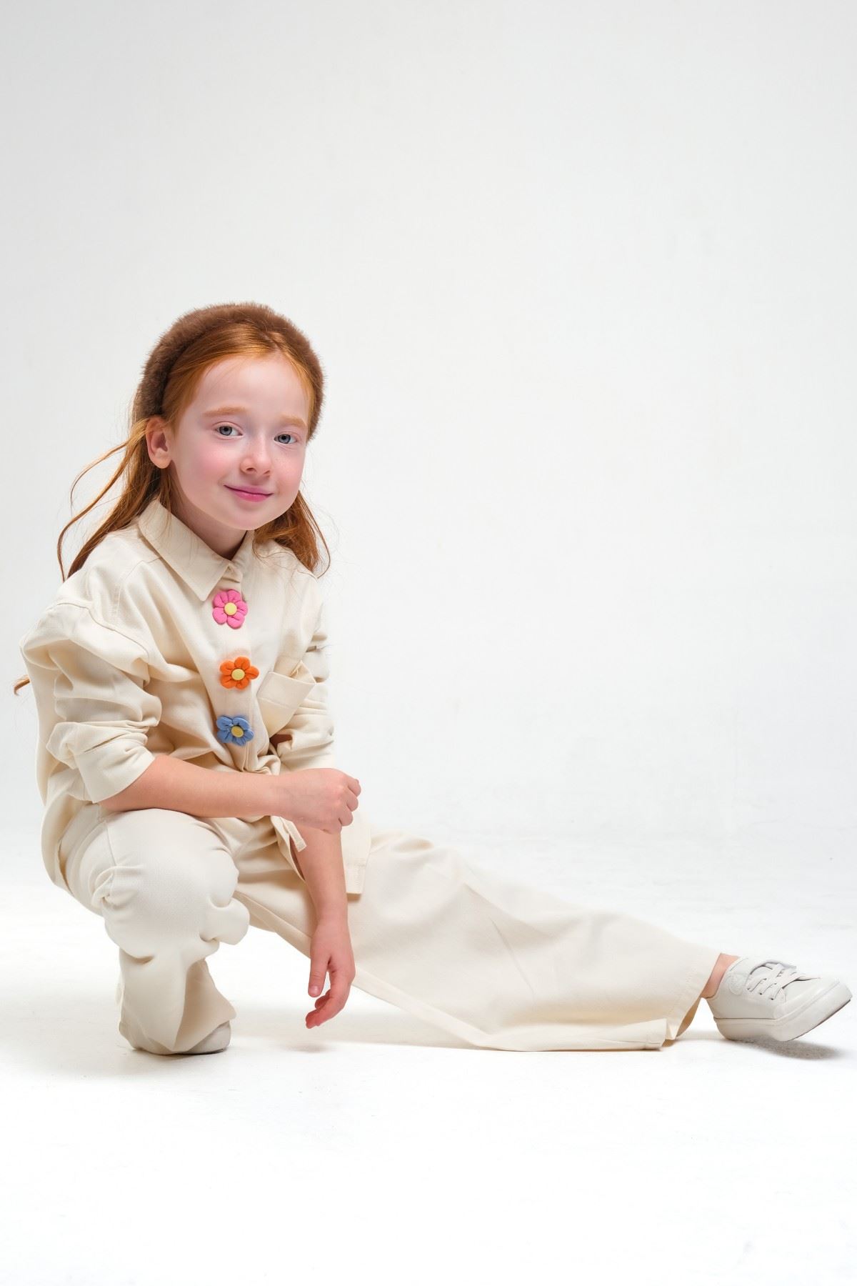 4-8 Yaş Pearl Flower Kız Çocuk Takım-Latte