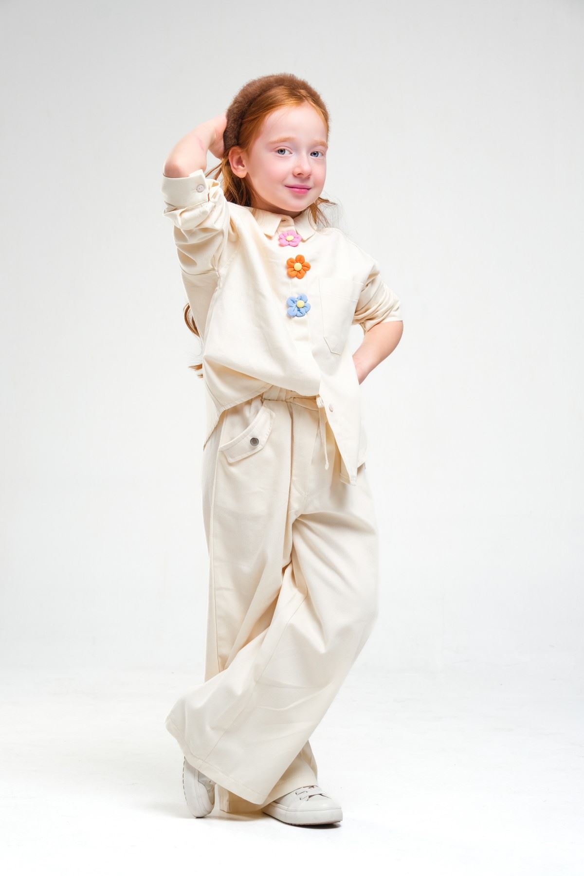 4-8 Yaş Pearl Flower Kız Çocuk Takım-Latte