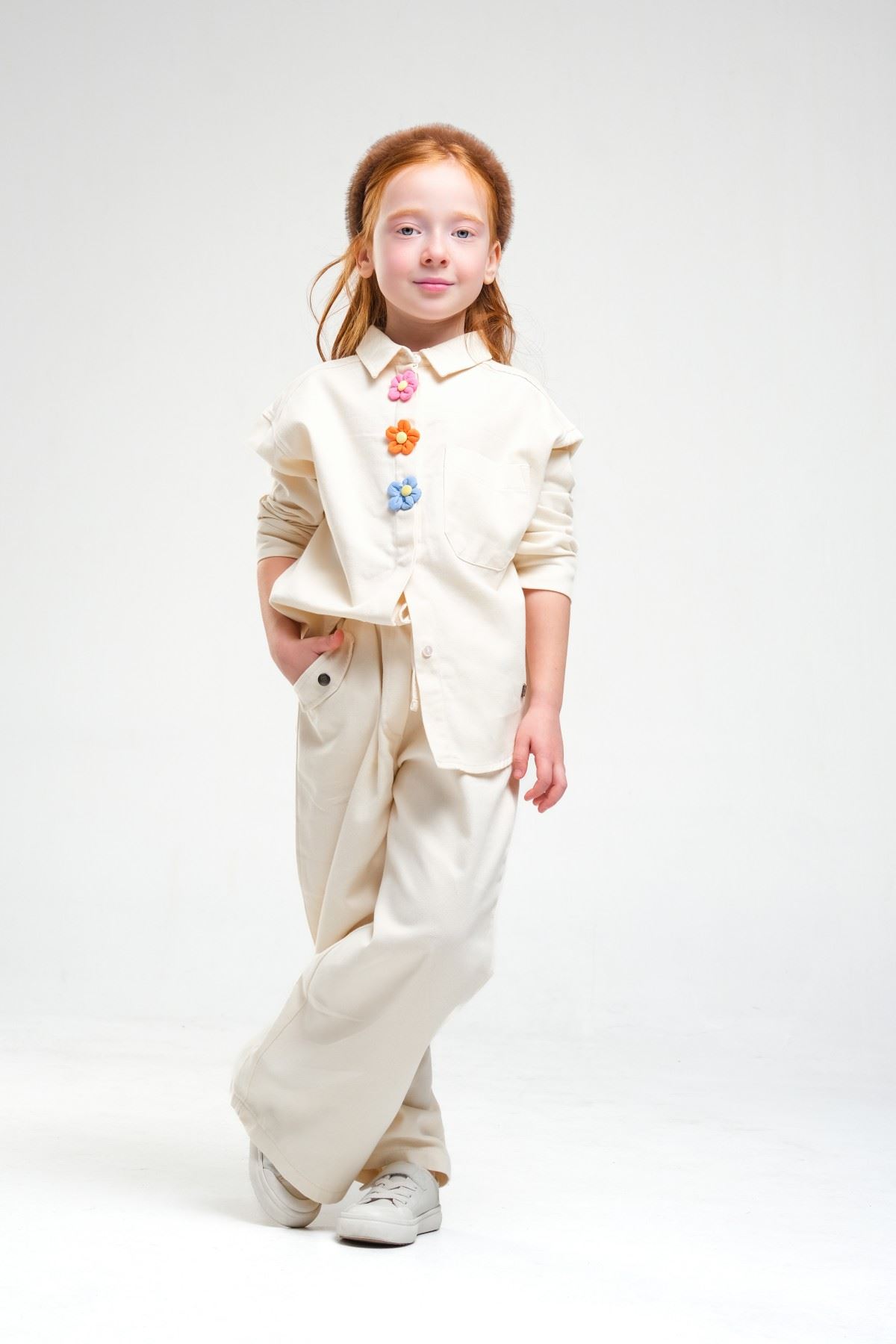 4-8 Yaş Pearl Flower Kız Çocuk Takım-Latte