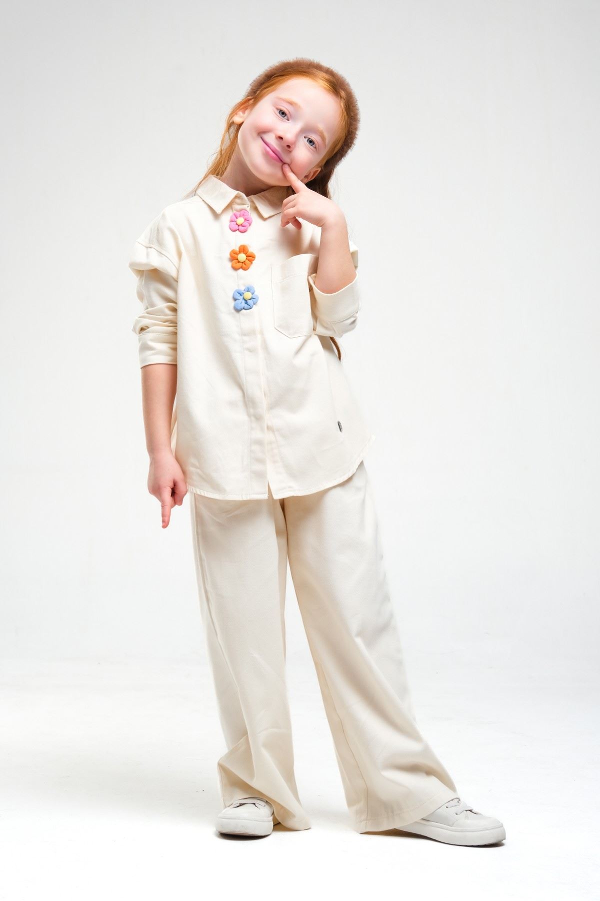 4-8 Yaş Pearl Flower Kız Çocuk Takım-Latte