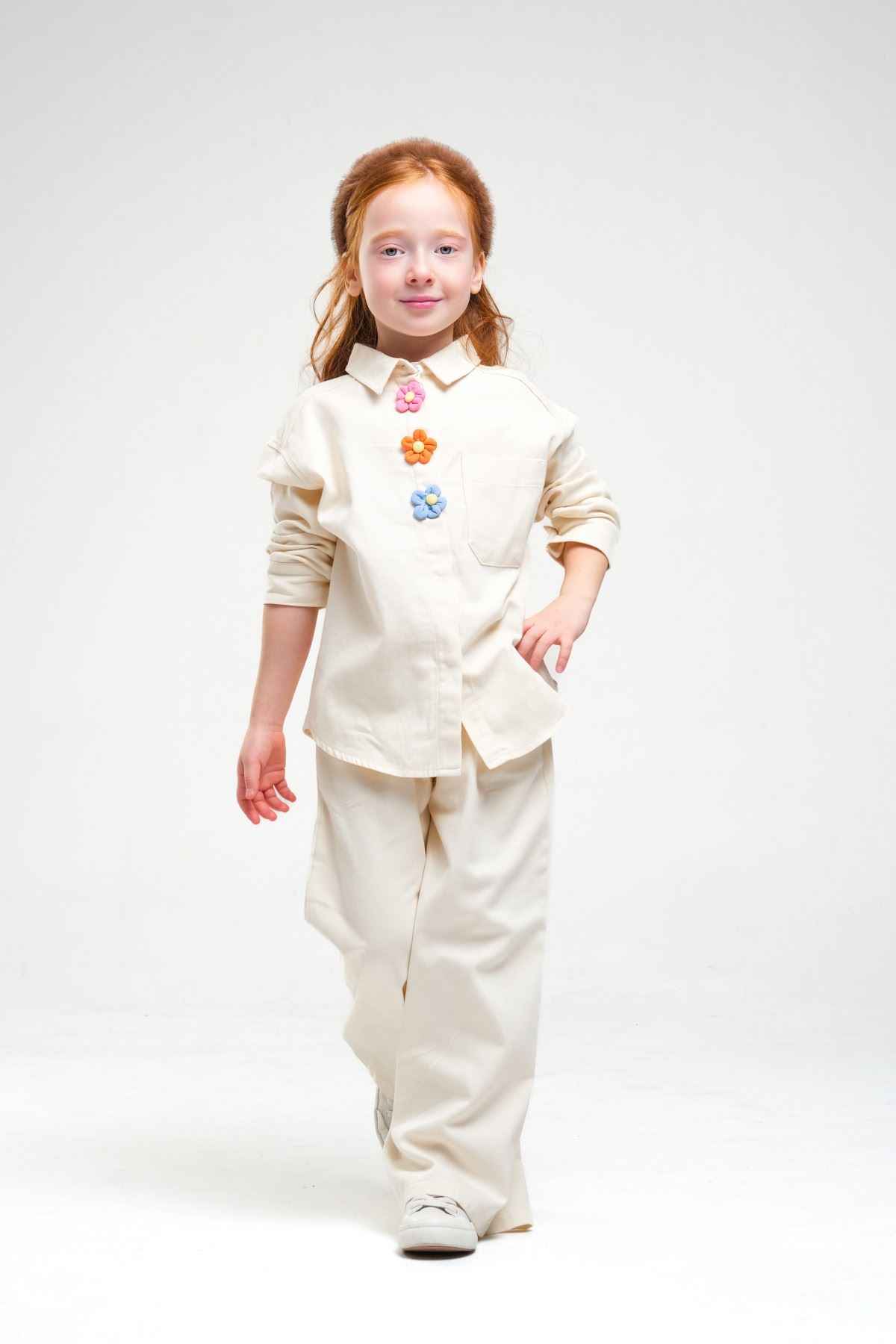 4-8 Yaş Pearl Flower Kız Çocuk Takım-Latte