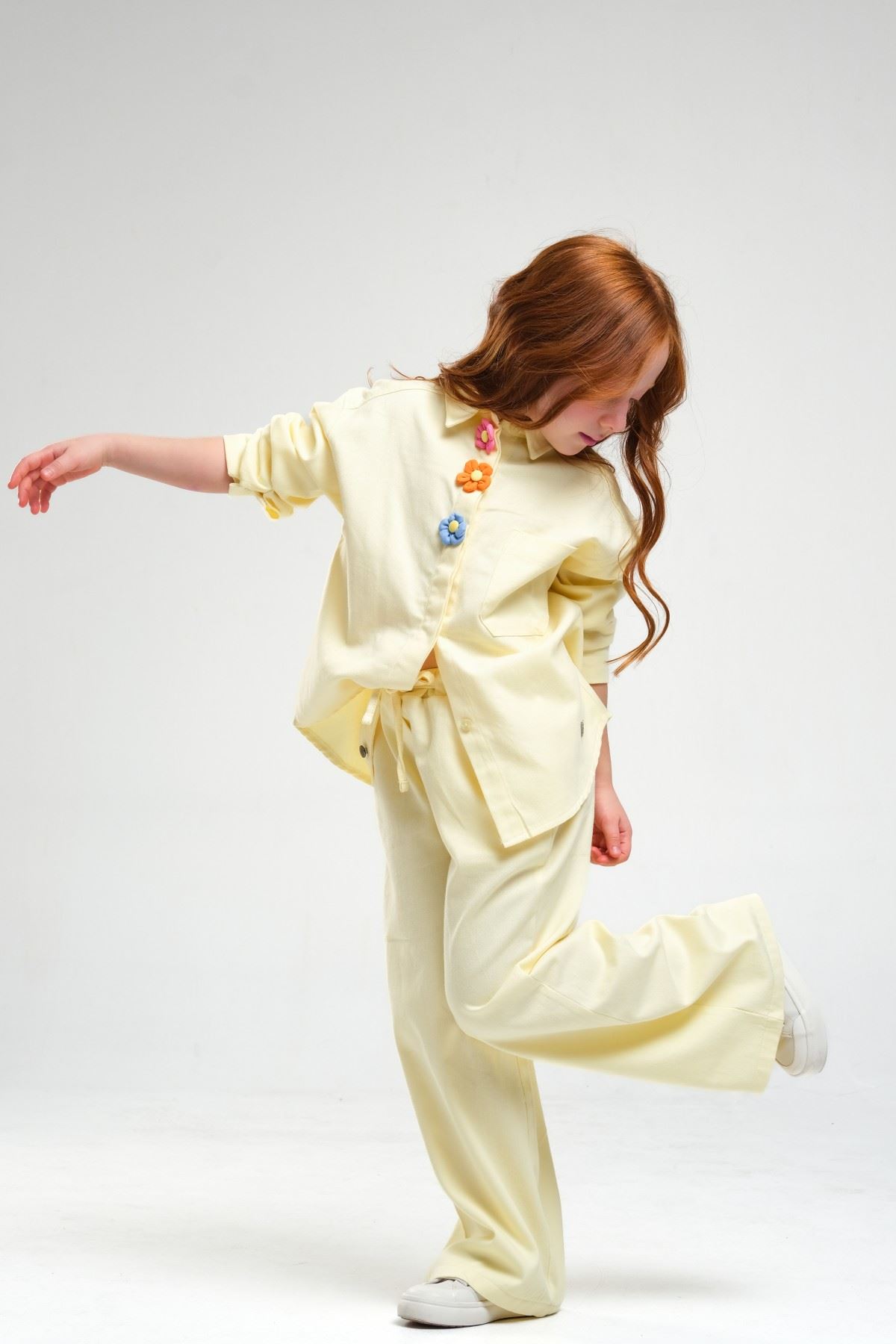 4-8 Yaş Pearl Flower Kız Çocuk Takım-Sarı