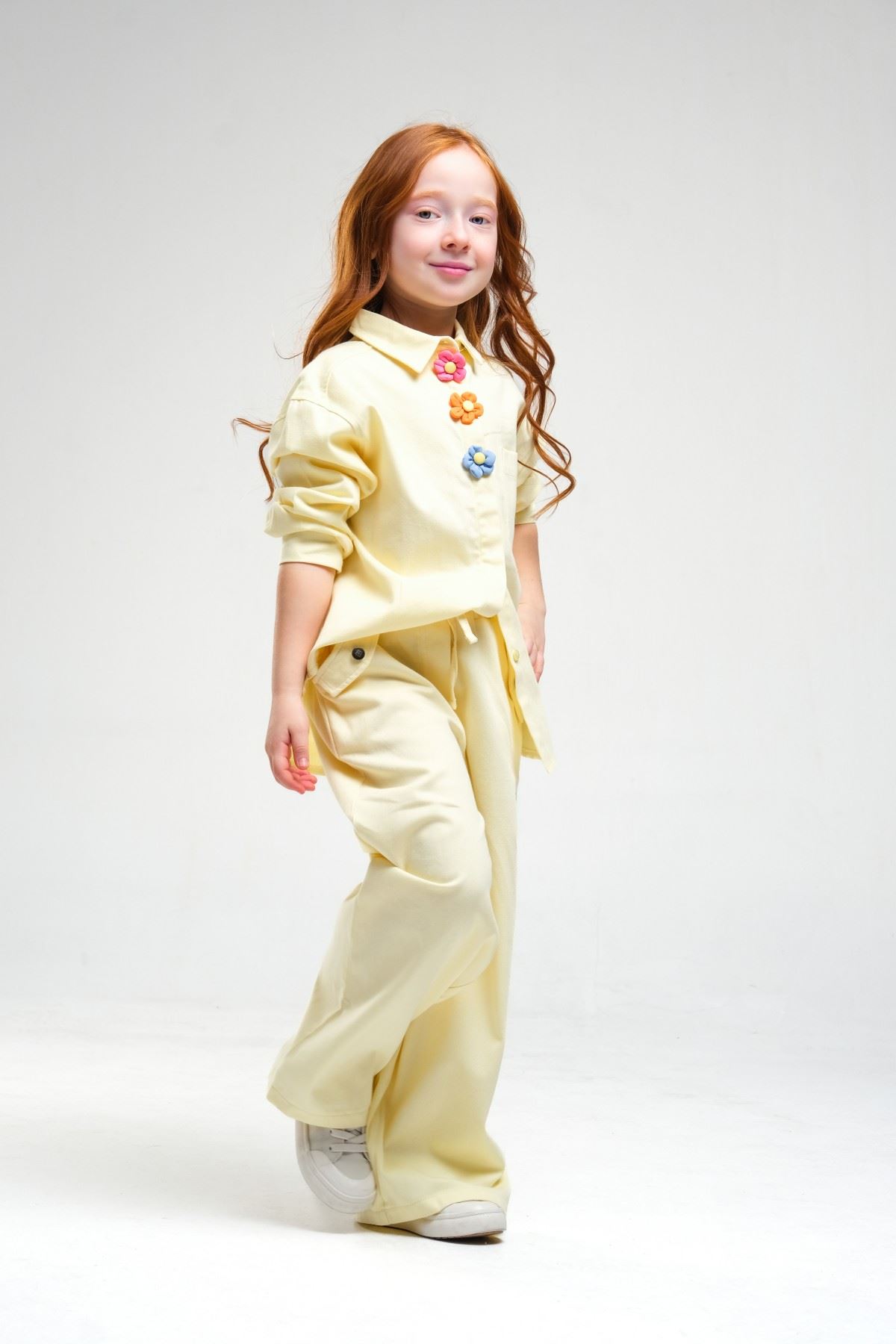 4-8 Yaş Pearl Flower Kız Çocuk Takım-Sarı
