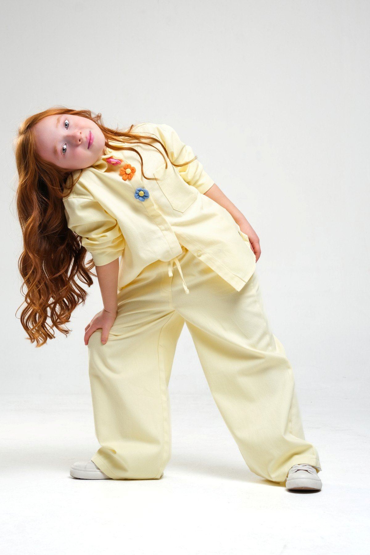 4-8 Yaş Pearl Flower Kız Çocuk Takım-Sarı