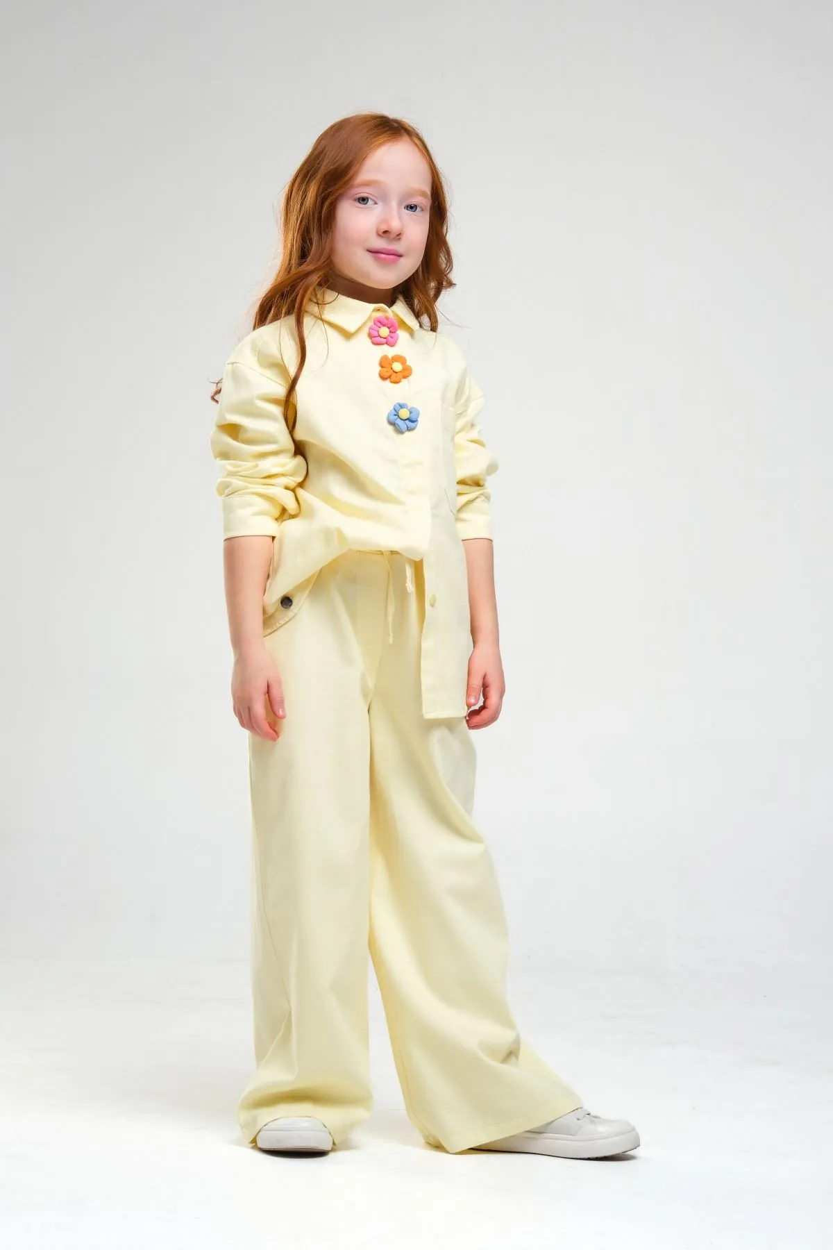 4-8 Yaş Pearl Flower Kız Çocuk Takım-Sarı
