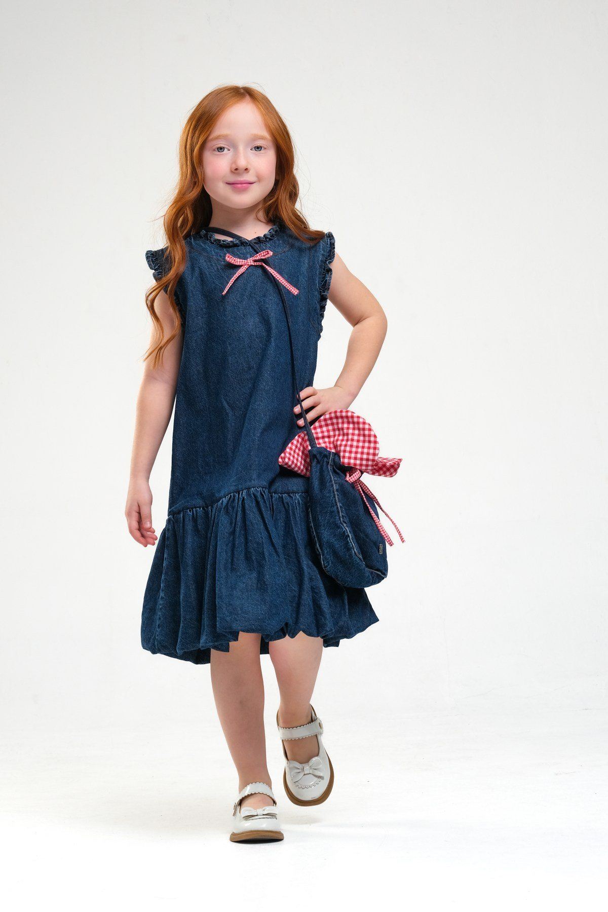 4-8 Yaş Strawberry Kız Çocuk Çantalı Elbise-İndigo