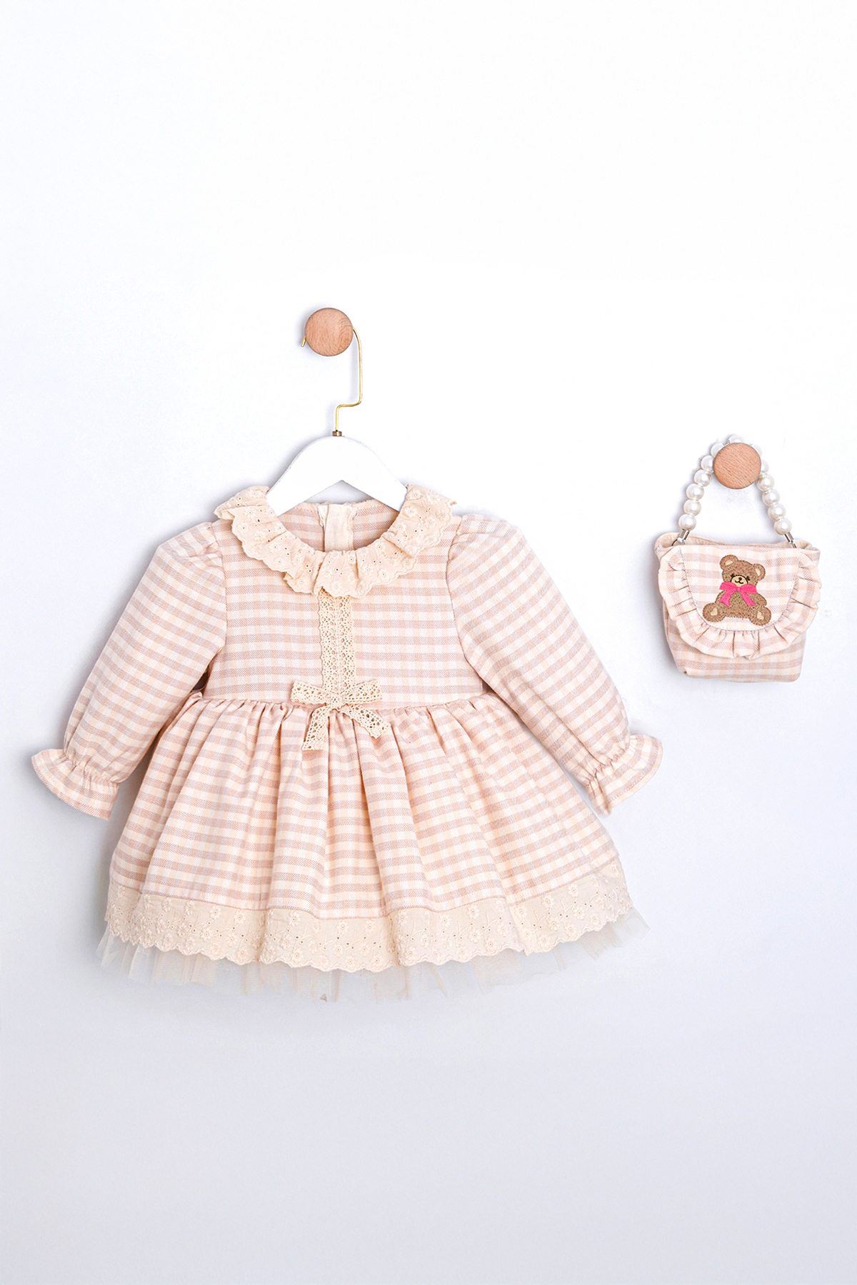 9-24 Aylık Vıvıenne Kız Bebek Çantalı Elbise-Kahverengi