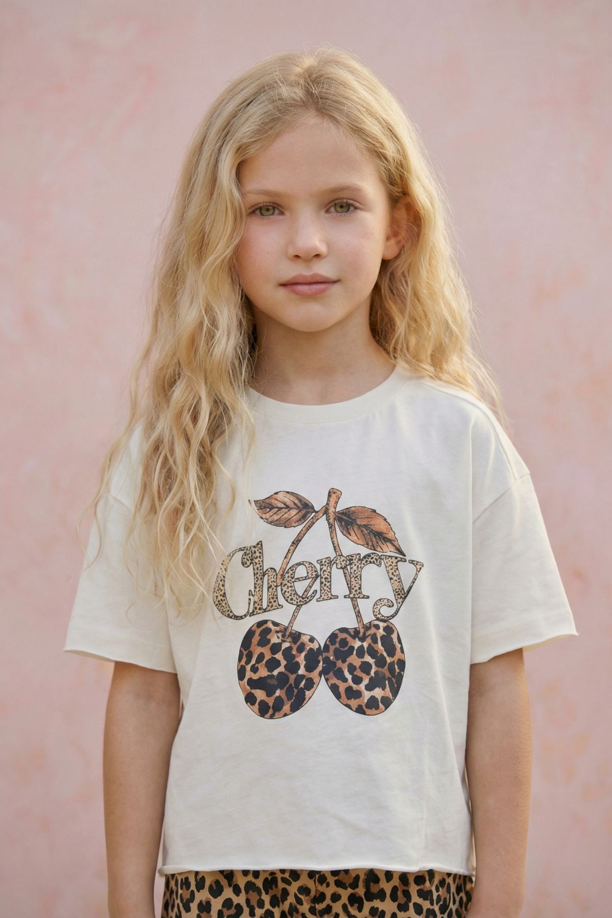 9-14 Yaş Cherry Leopard Kız Çocuk T-Shırt-Ekru