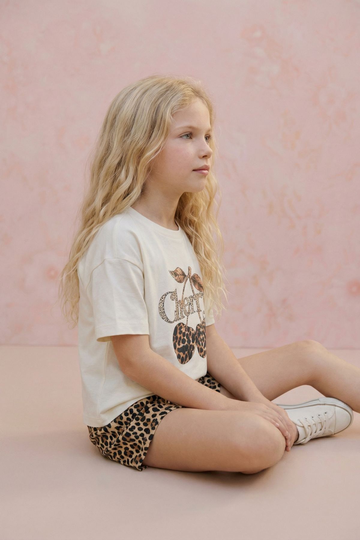 9-14 Yaş Cherry Leopard Kız Çocuk T-Shırt-Ekru