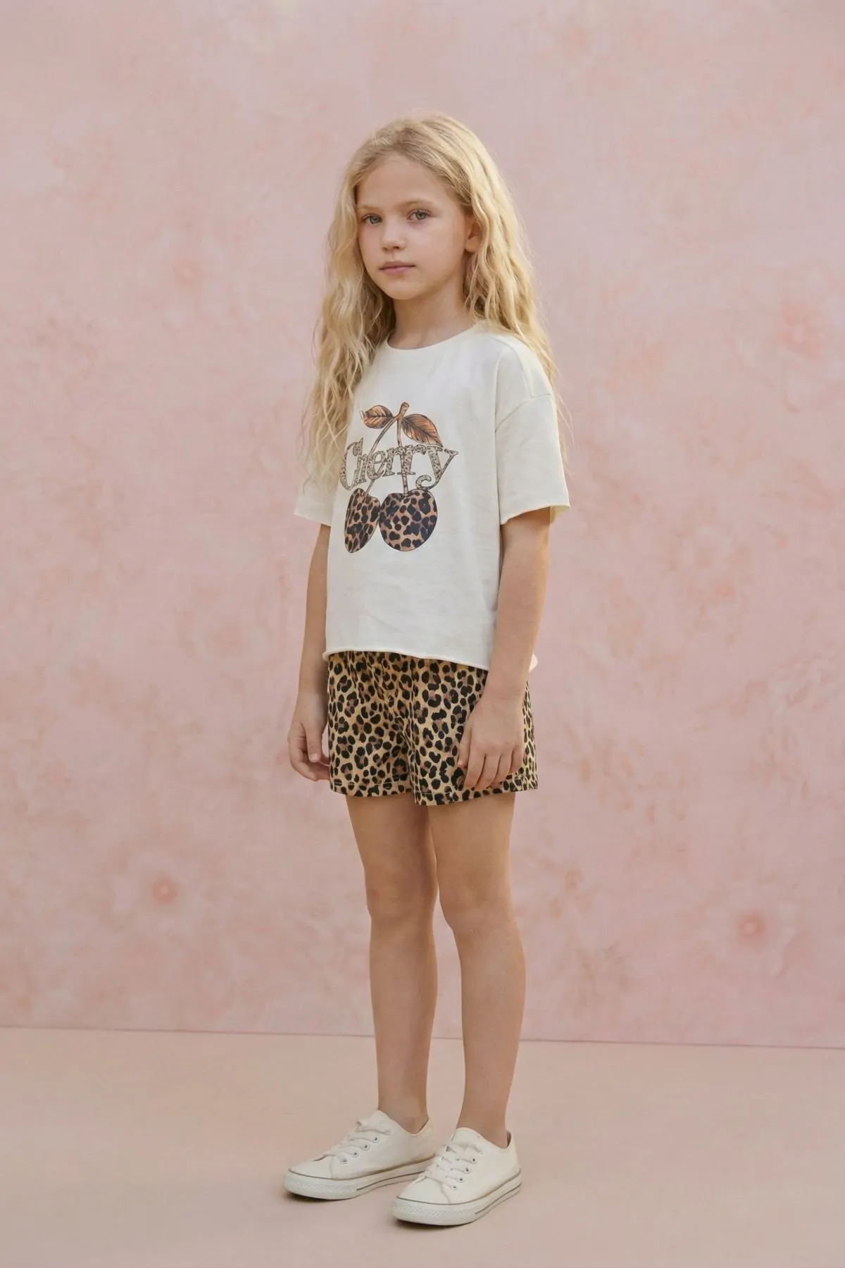 9-14 Yaş Cherry Leopard Kız Çocuk T-Shırt-Ekru